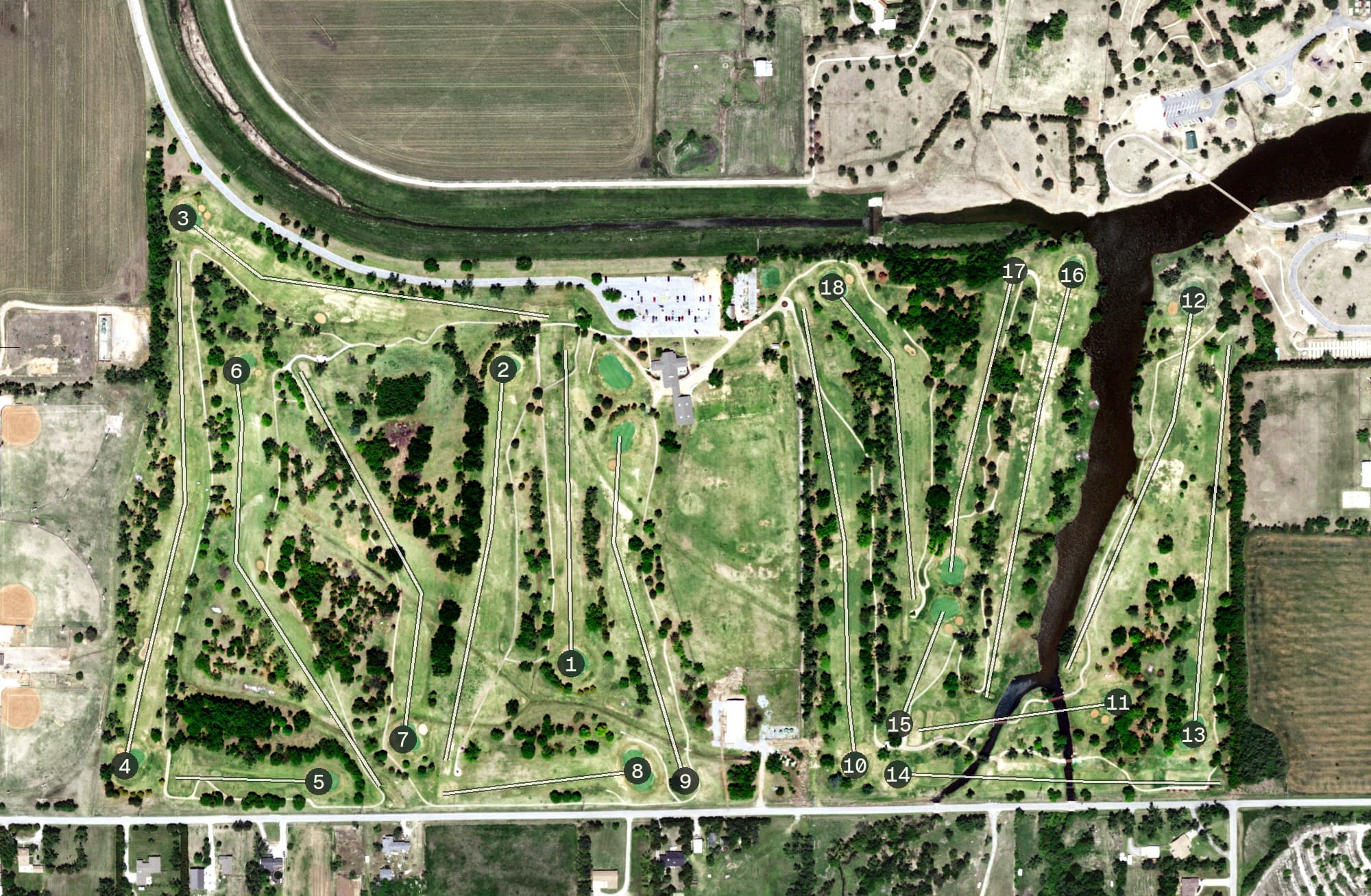 Aerial view of Meadow Lake Golf Course, OK, with its hole routing marked