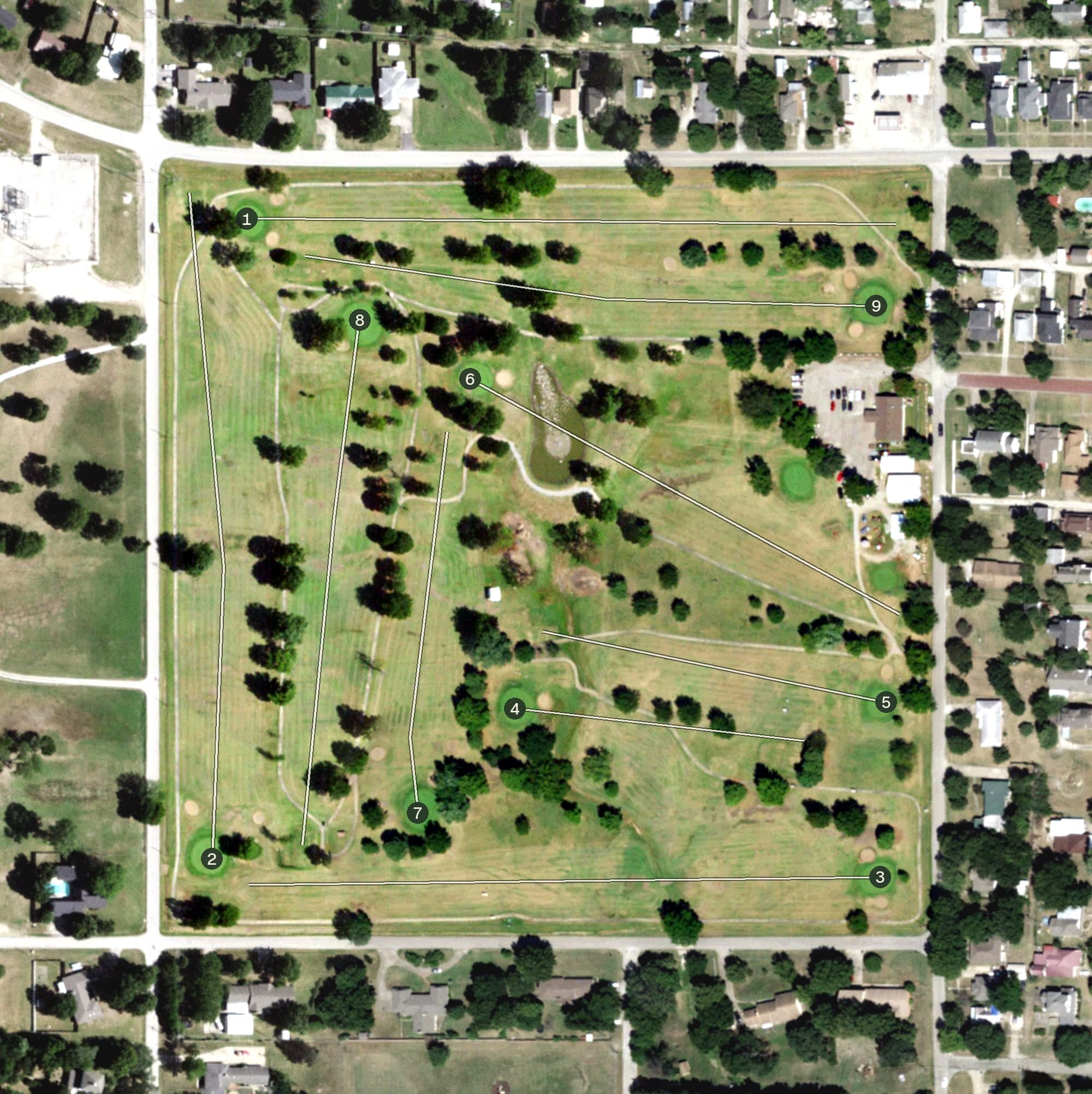 Aerial view of Nowata Country Club, OK, with its hole routing marked
