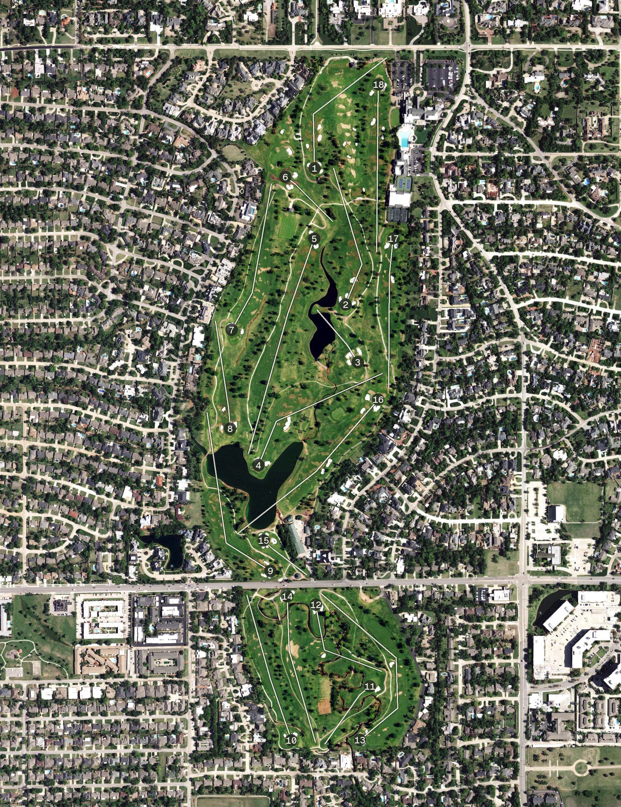 Aerial view of Oklahoma City Golf & Country Club, OK, with its hole routing marked