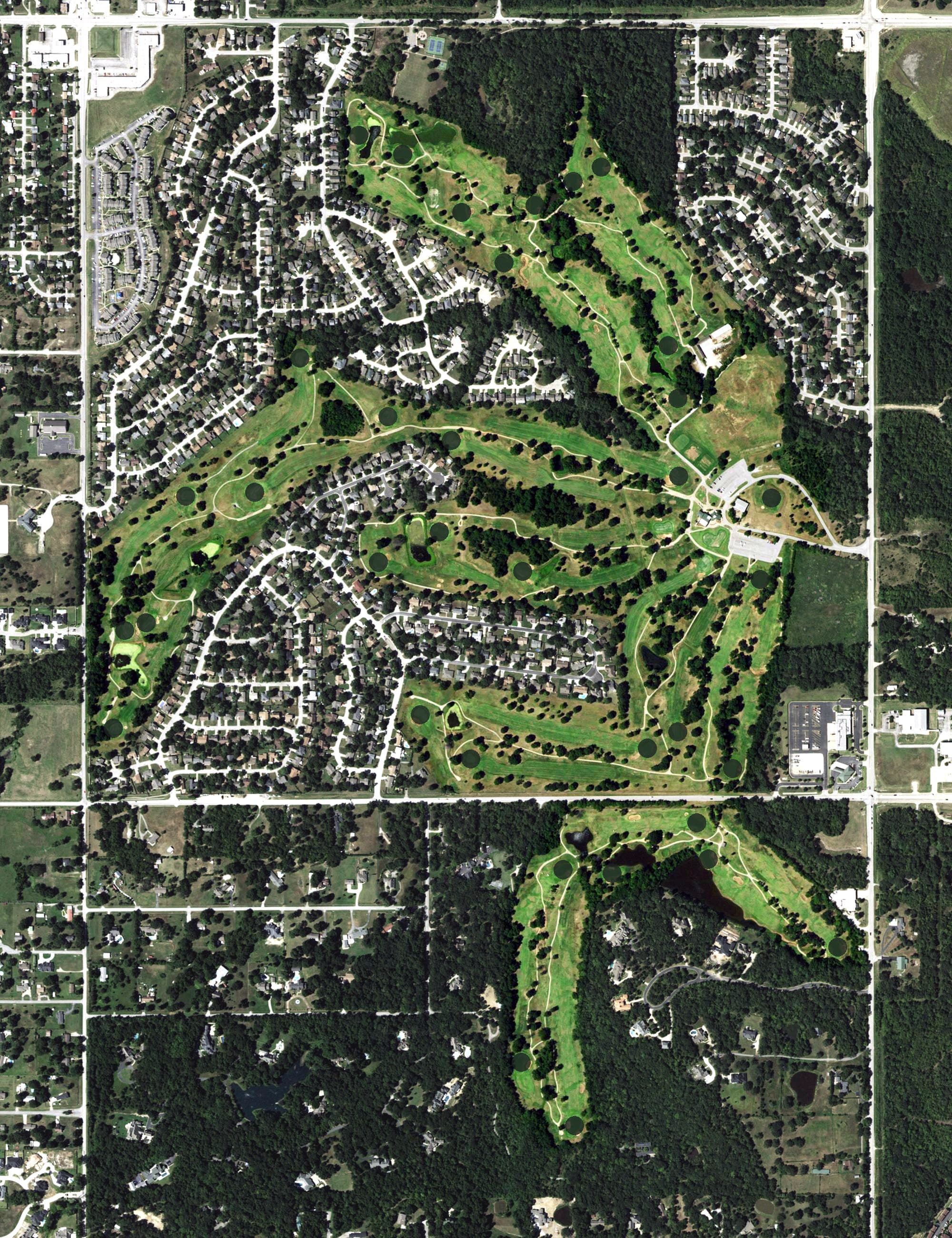 Aerial view of Page Belcher Golf Course, OK, with its hole routing marked