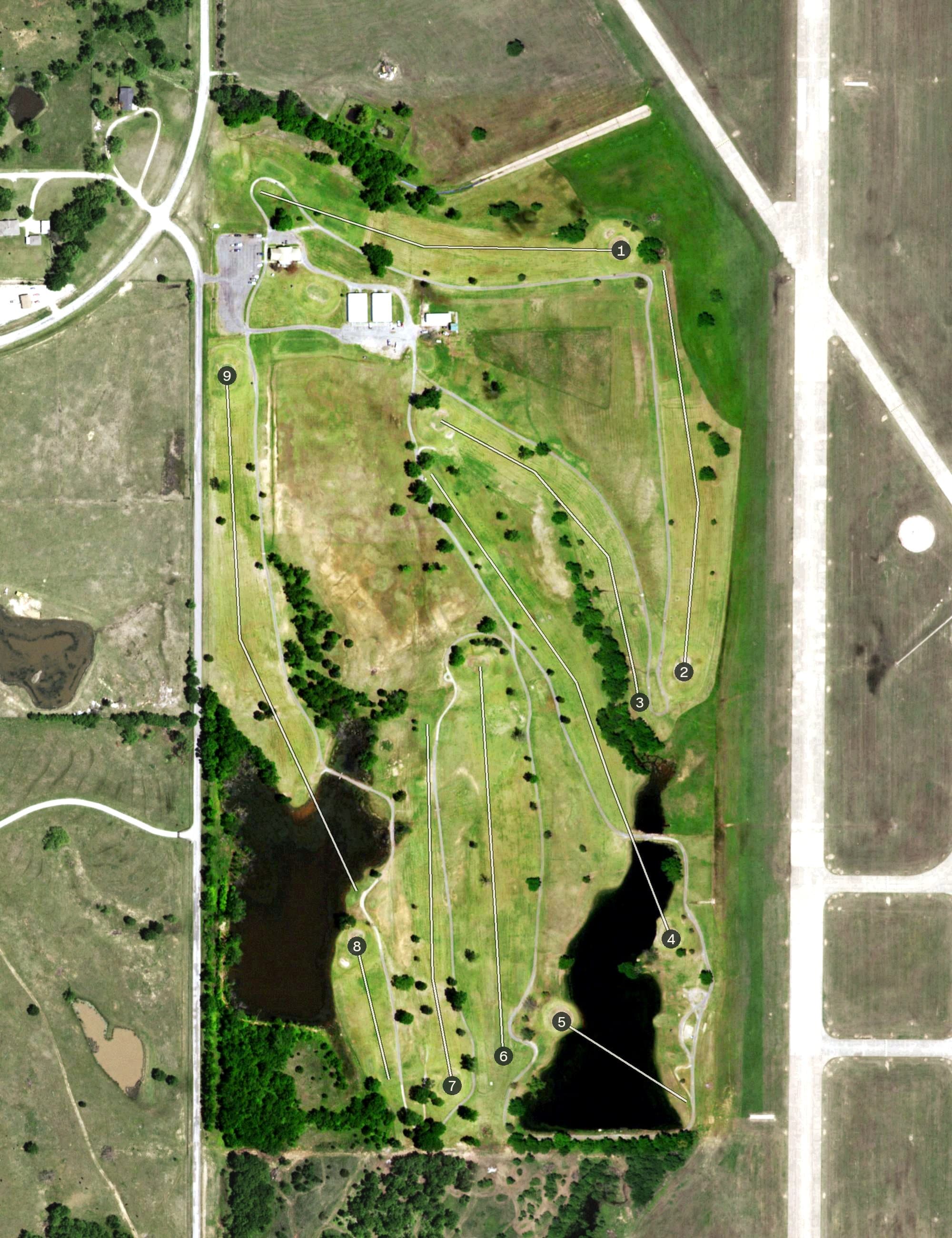 Aerial view of Pauls Valley Municipal Golf Course, OK, with its hole routing marked