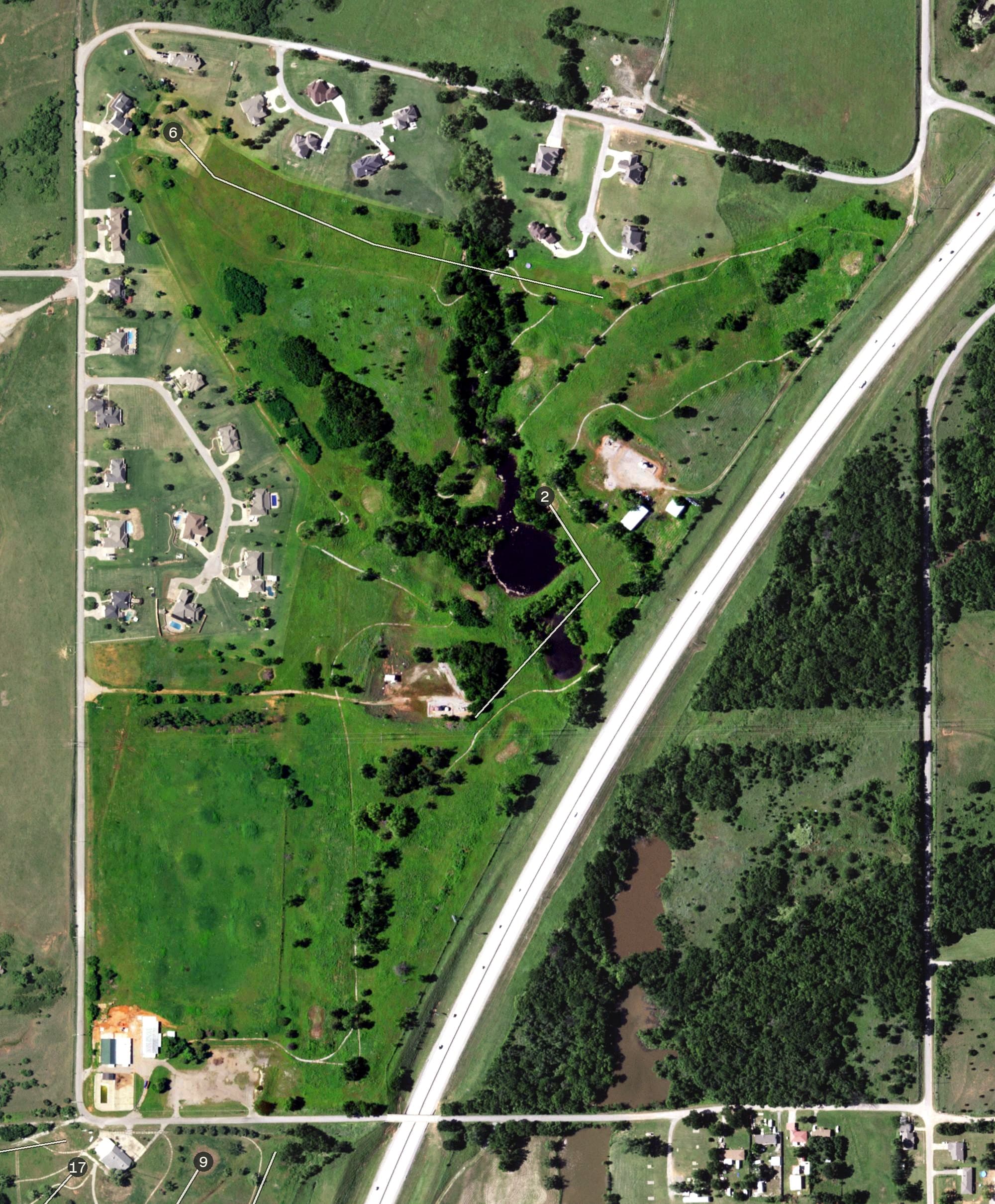 Aerial view of River Bend North Nine, OK, with its hole routing marked