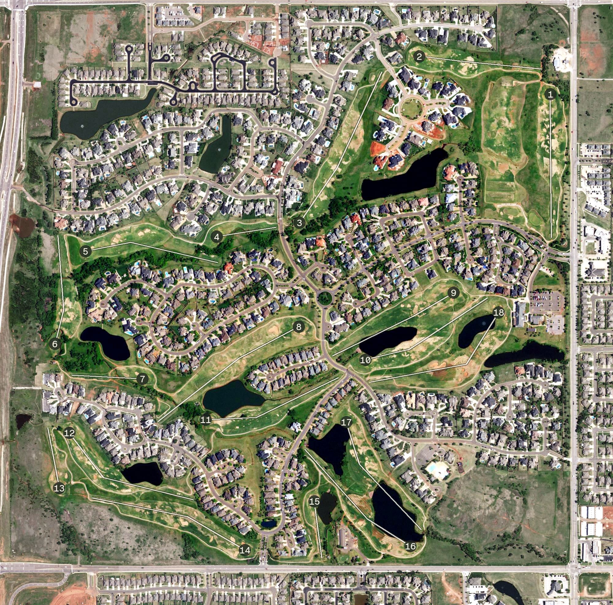Aerial view of Rose Creek Golf Club, OK, with its hole routing marked
