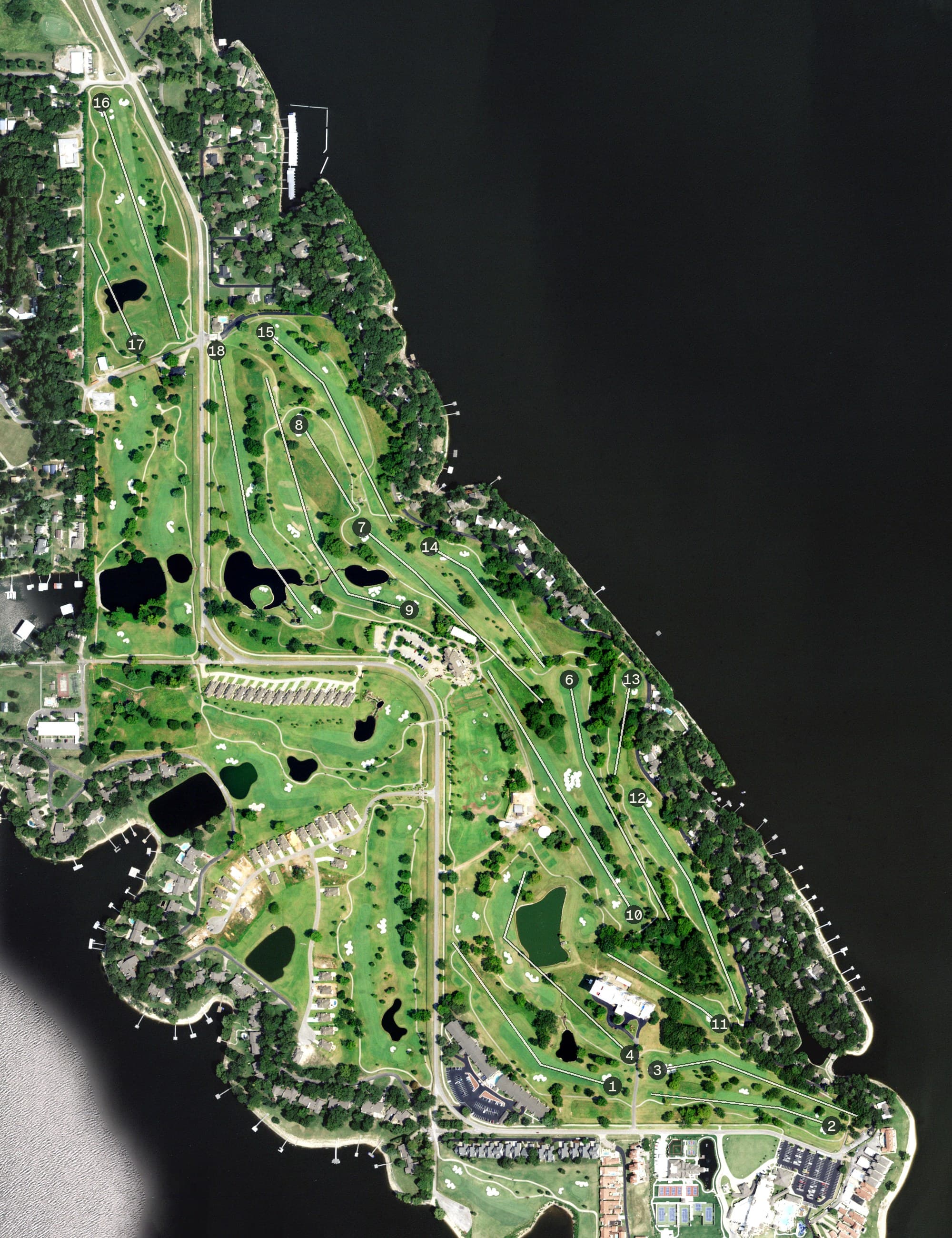 Aerial view of Shangri La Golf Club, OK, with its hole routing marked