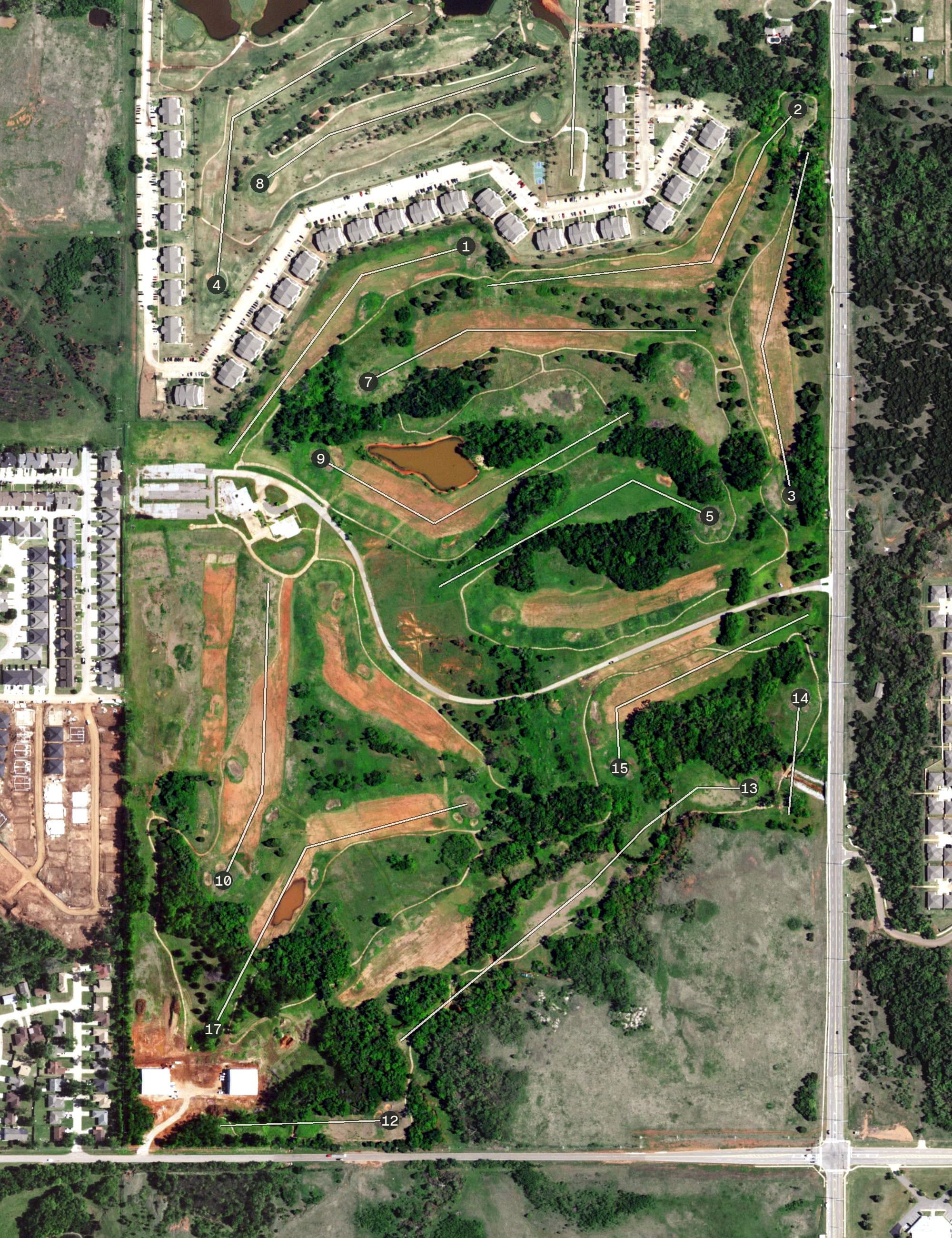 Aerial view of Silverhorn Golf Club, OK, with its hole routing marked