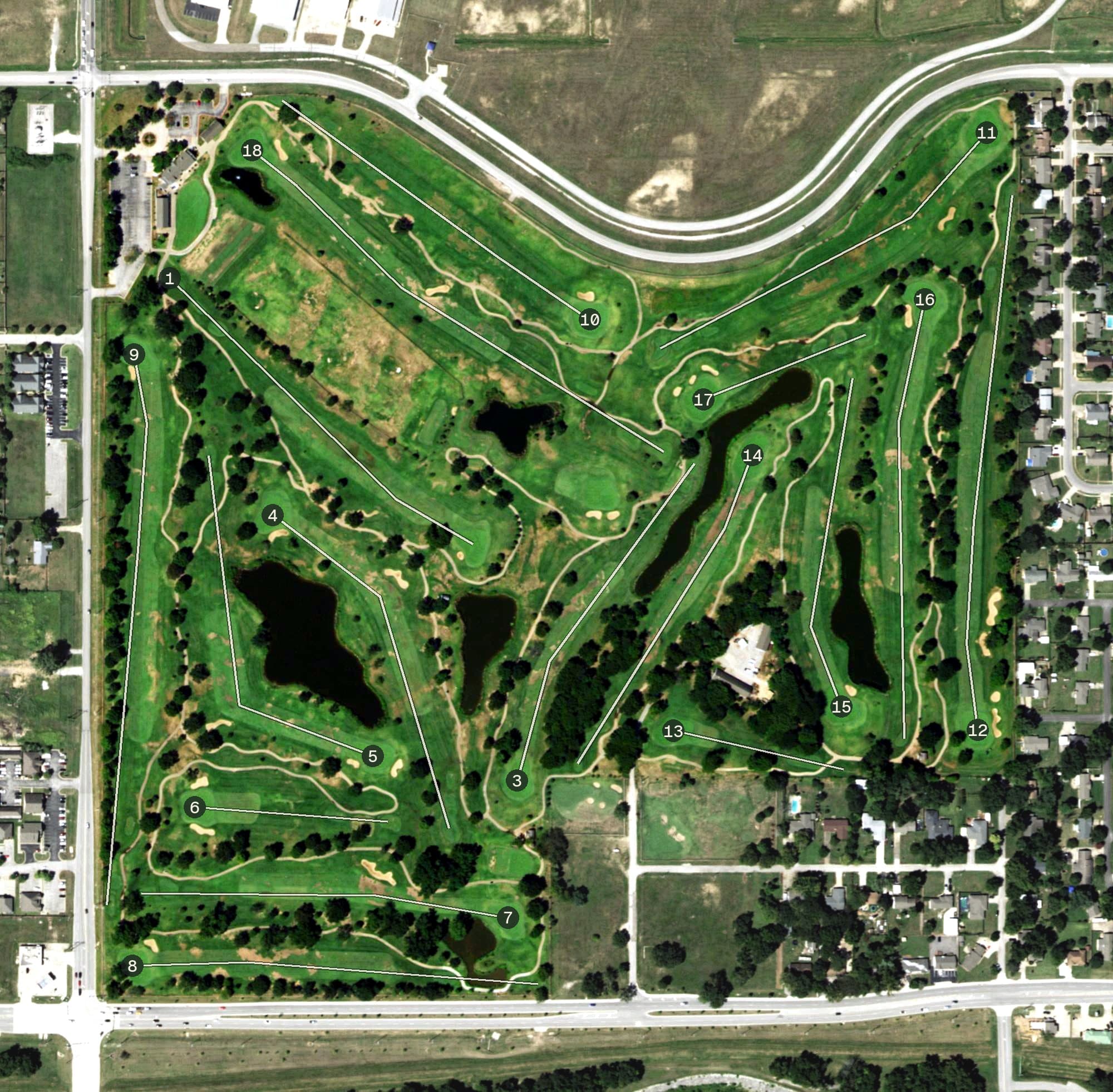 Aerial view of South Lakes Golf Course, OK, with its hole routing marked