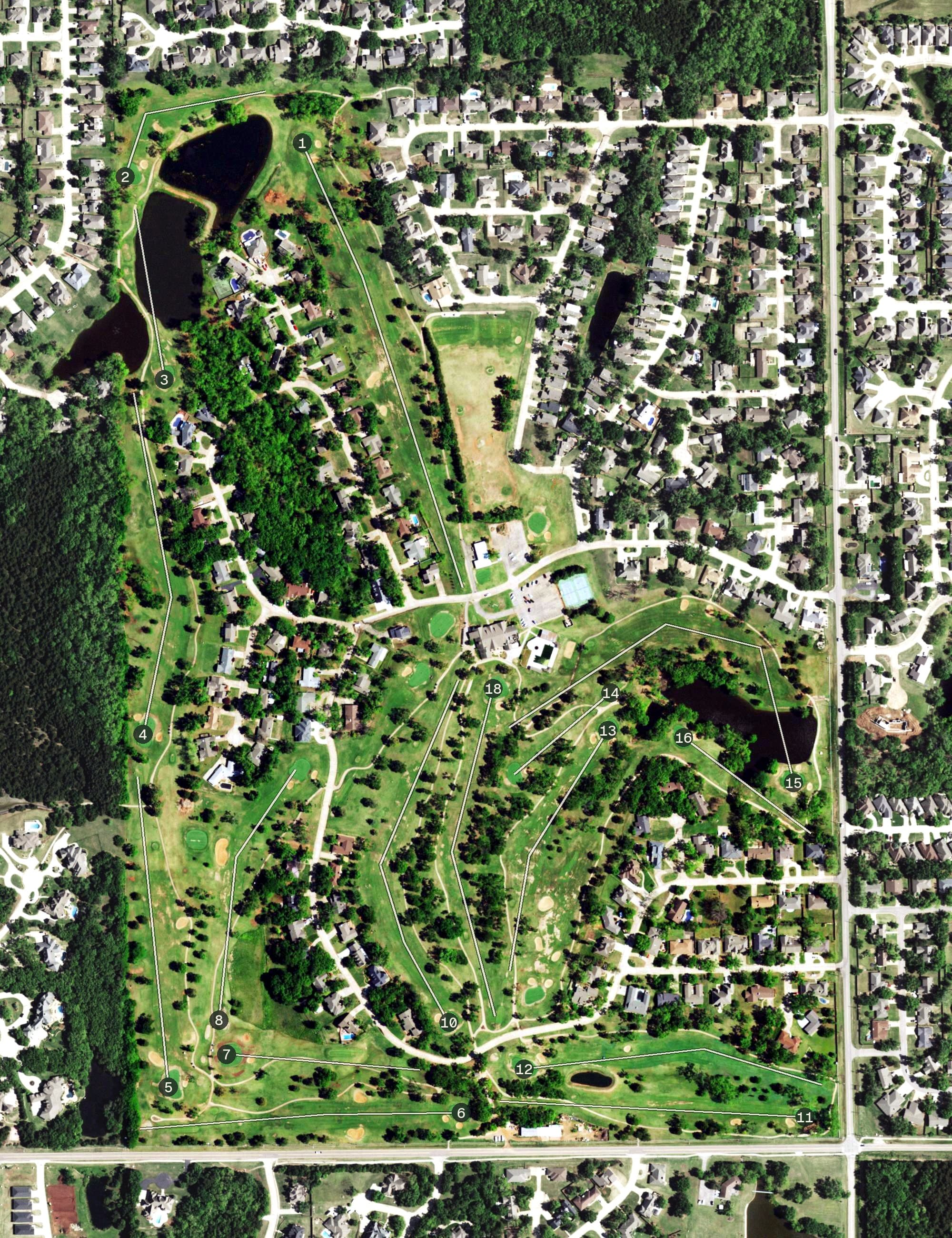 Aerial view of Stillwater Golf And Country Club, OK, with its hole routing marked