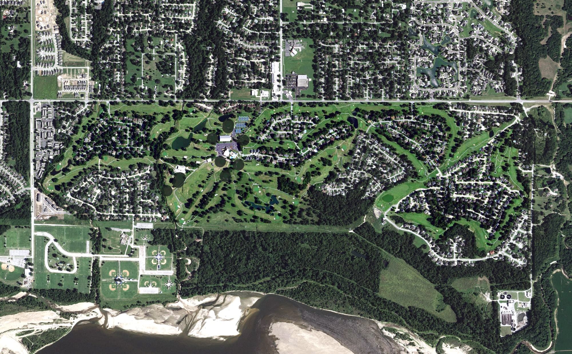 Aerial view of The Club at Indian Springs, OK, with its hole routing marked