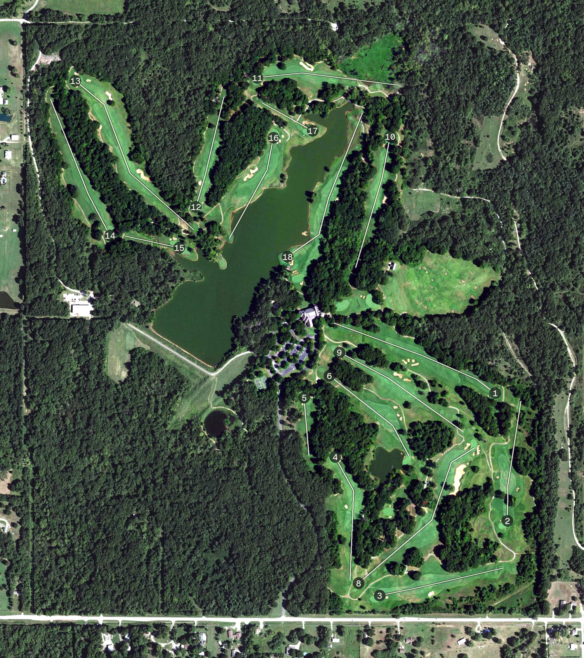 Aerial view of The Golf Club of Oklahoma, OK, with its hole routing marked