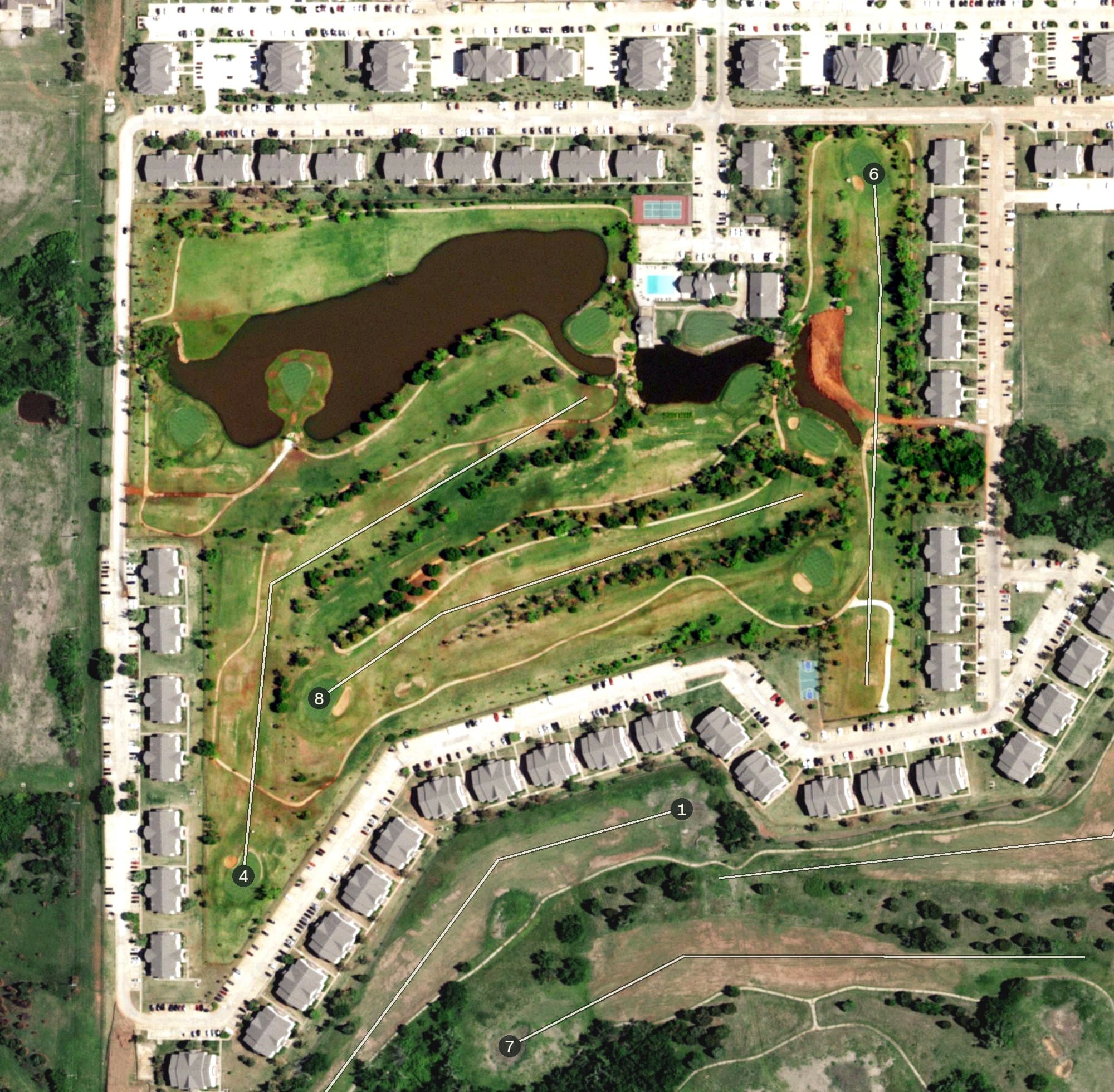 Aerial view of The Links at Oklahoma City, OK, with its hole routing marked