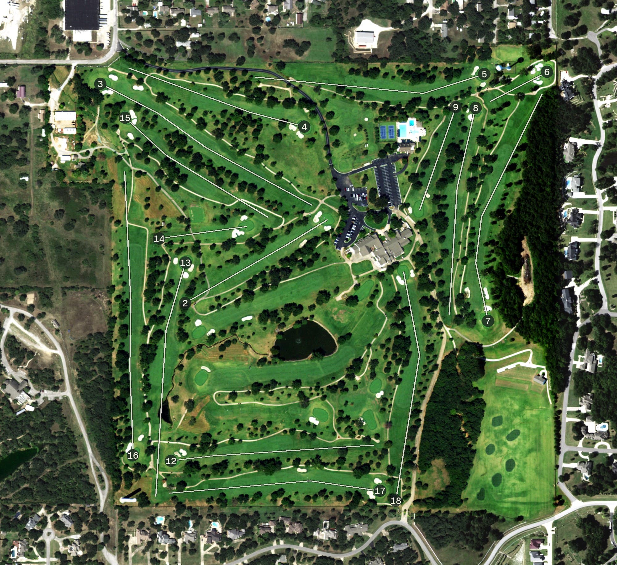 Aerial view of The Oaks Country Club, OK, with its hole routing marked