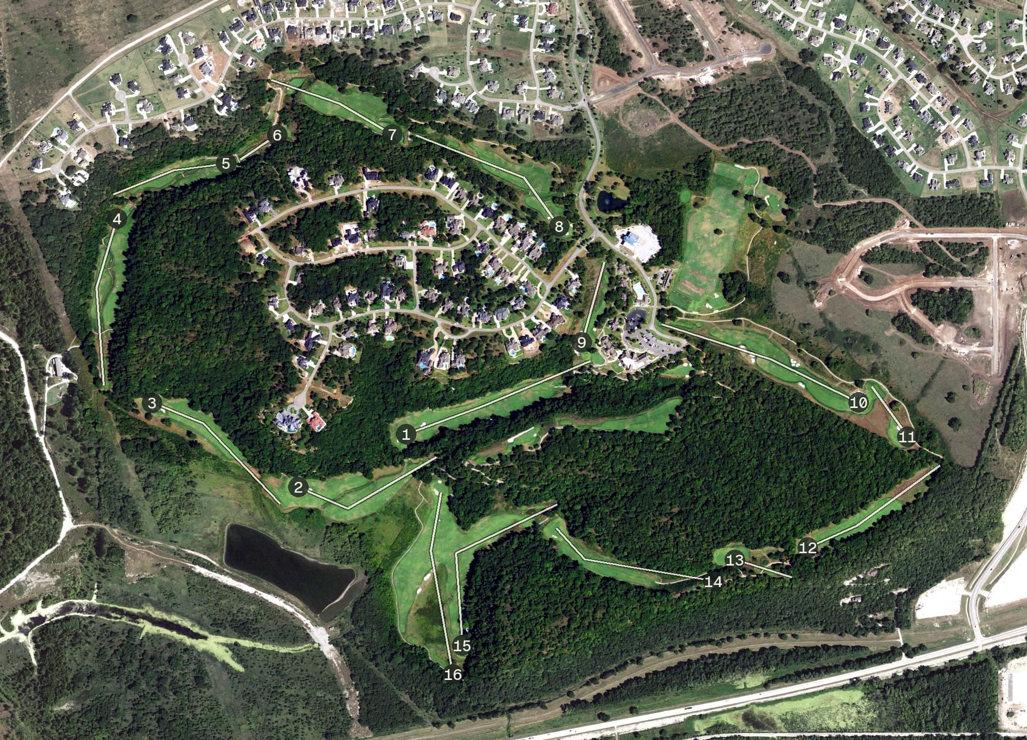 Aerial view of The Patriot Golf Club, OK, with its hole routing marked