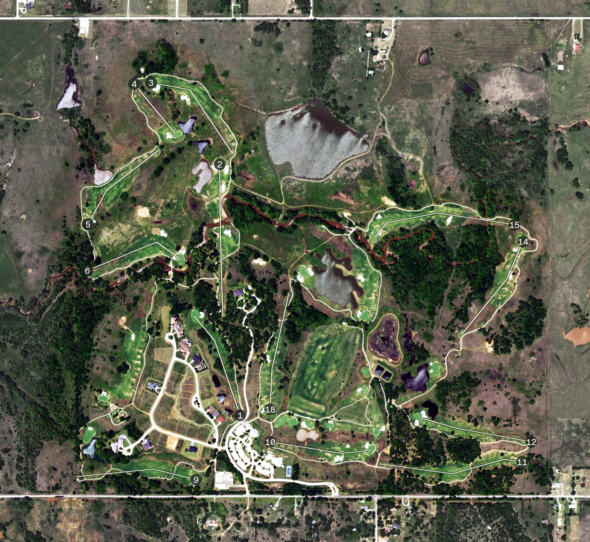 Aerial view of The Territory Golf & Country Club, OK, with its hole routing marked