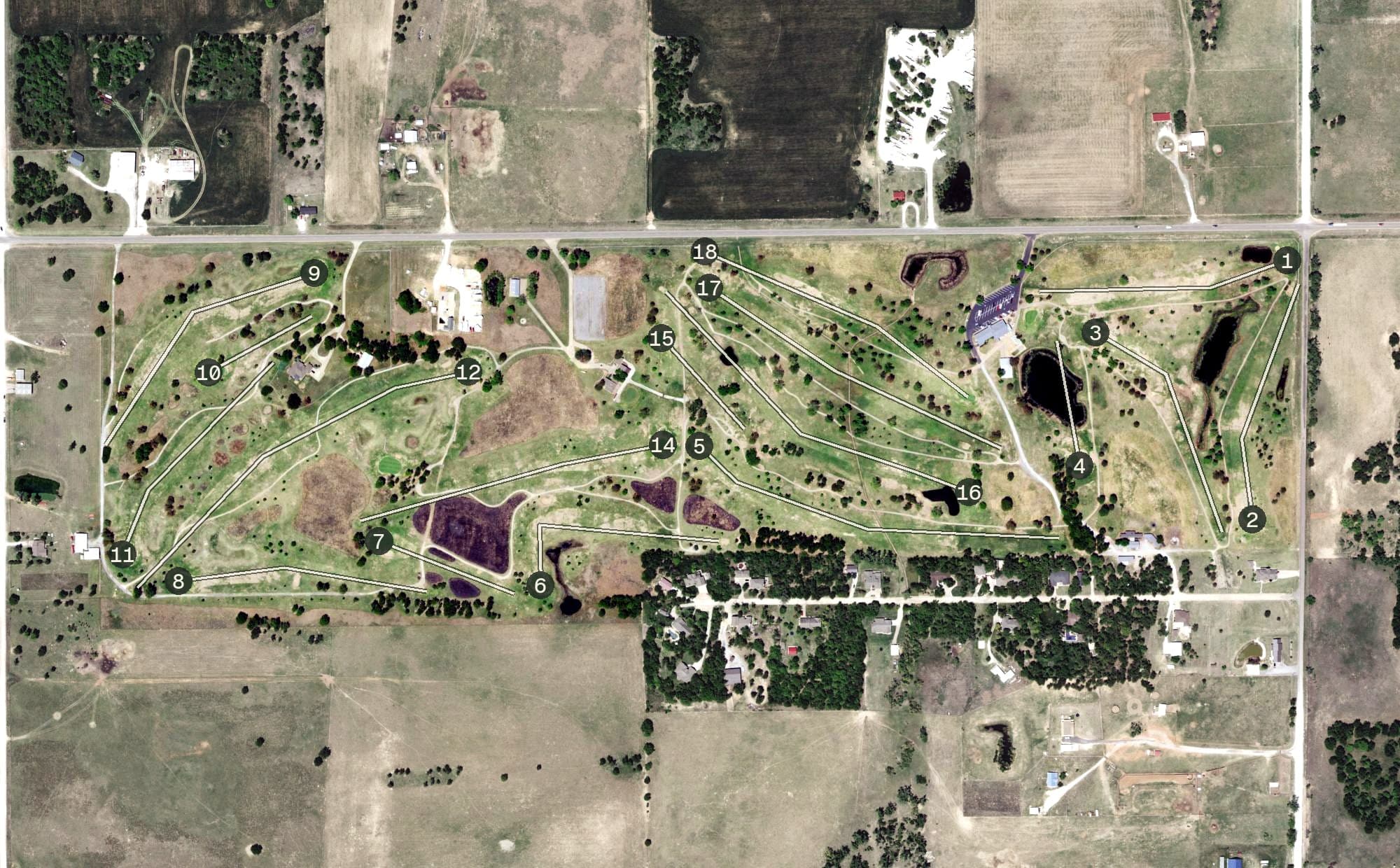 Aerial view of Turkey Creek Golf Club, OK, with its hole routing marked