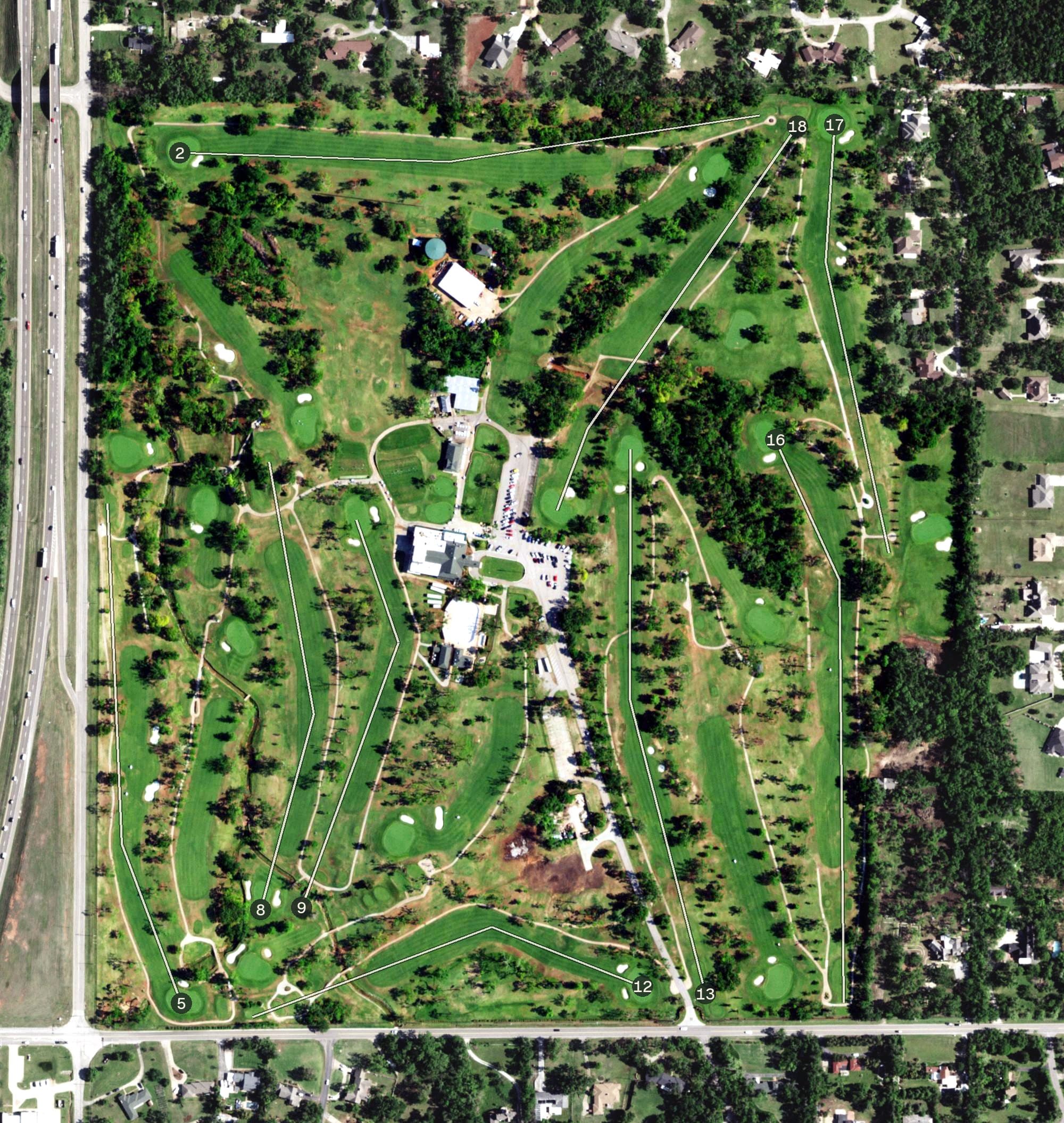 Aerial view of Twin Hills Golf & Country Club, OK, with its hole routing marked