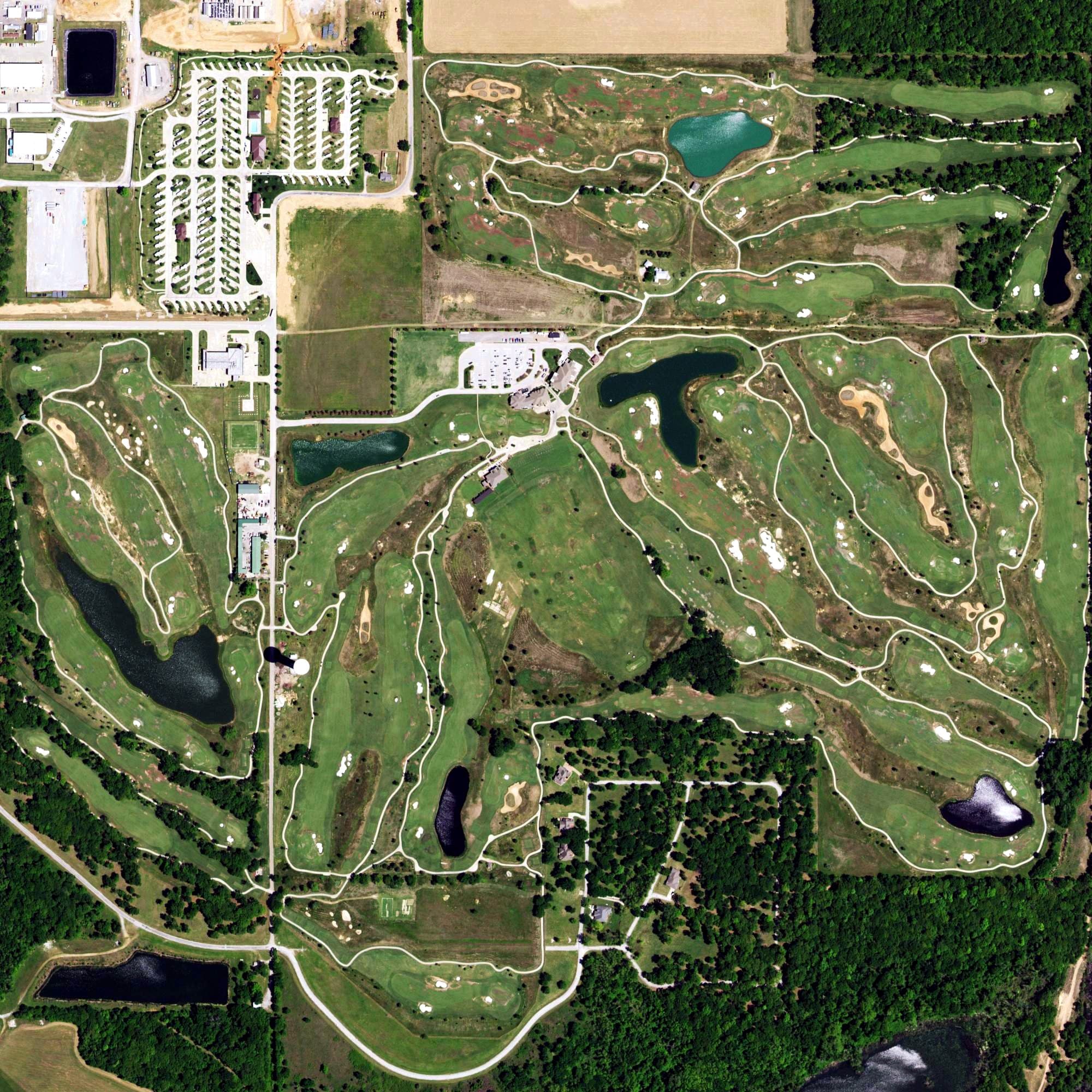 Aerial view of WinStar Golf Club & Academy, OK, with its hole routing marked