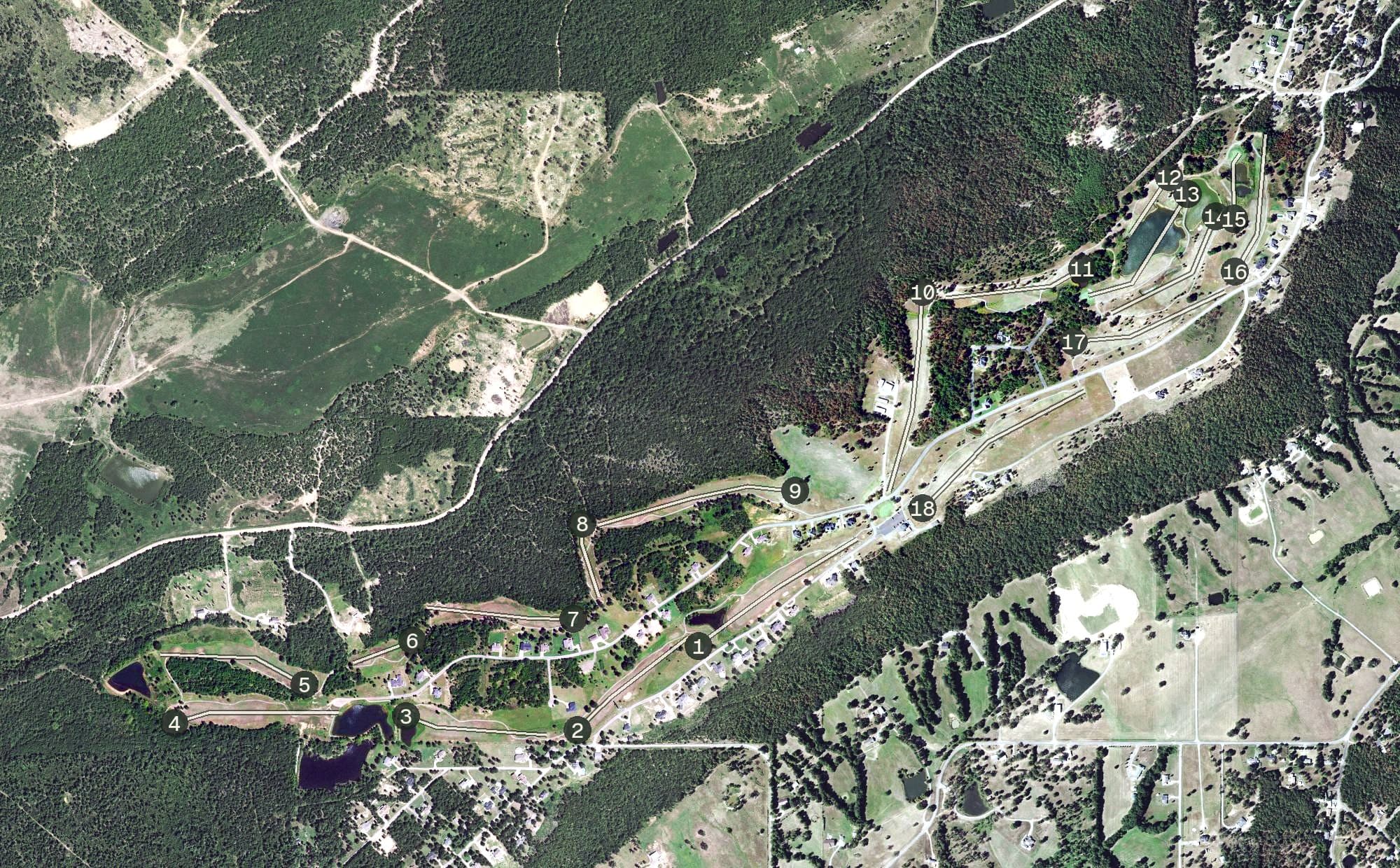 Aerial view of Wolf Mountain Golf Club, OK, with its hole routing marked