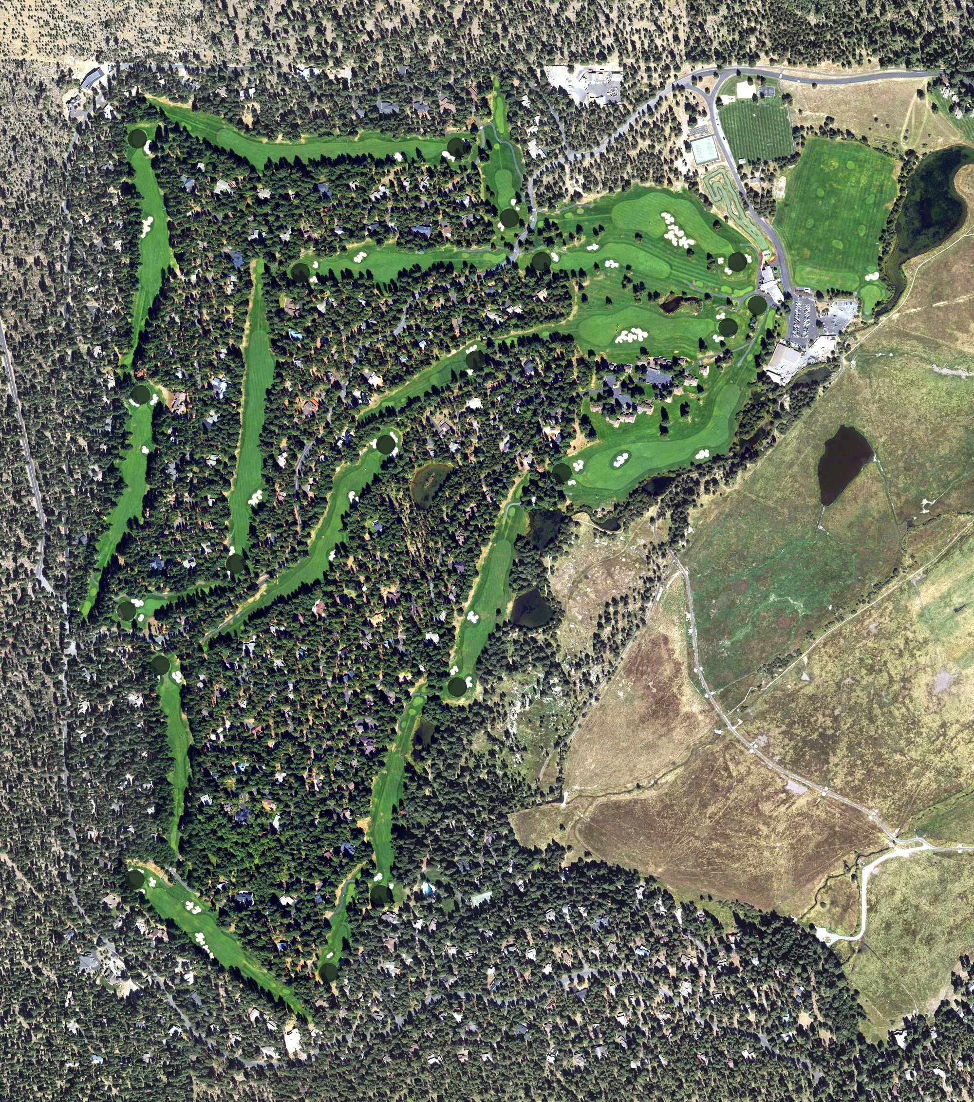 Aerial view of Big Meadow Golf Course, OR, with its hole routing marked