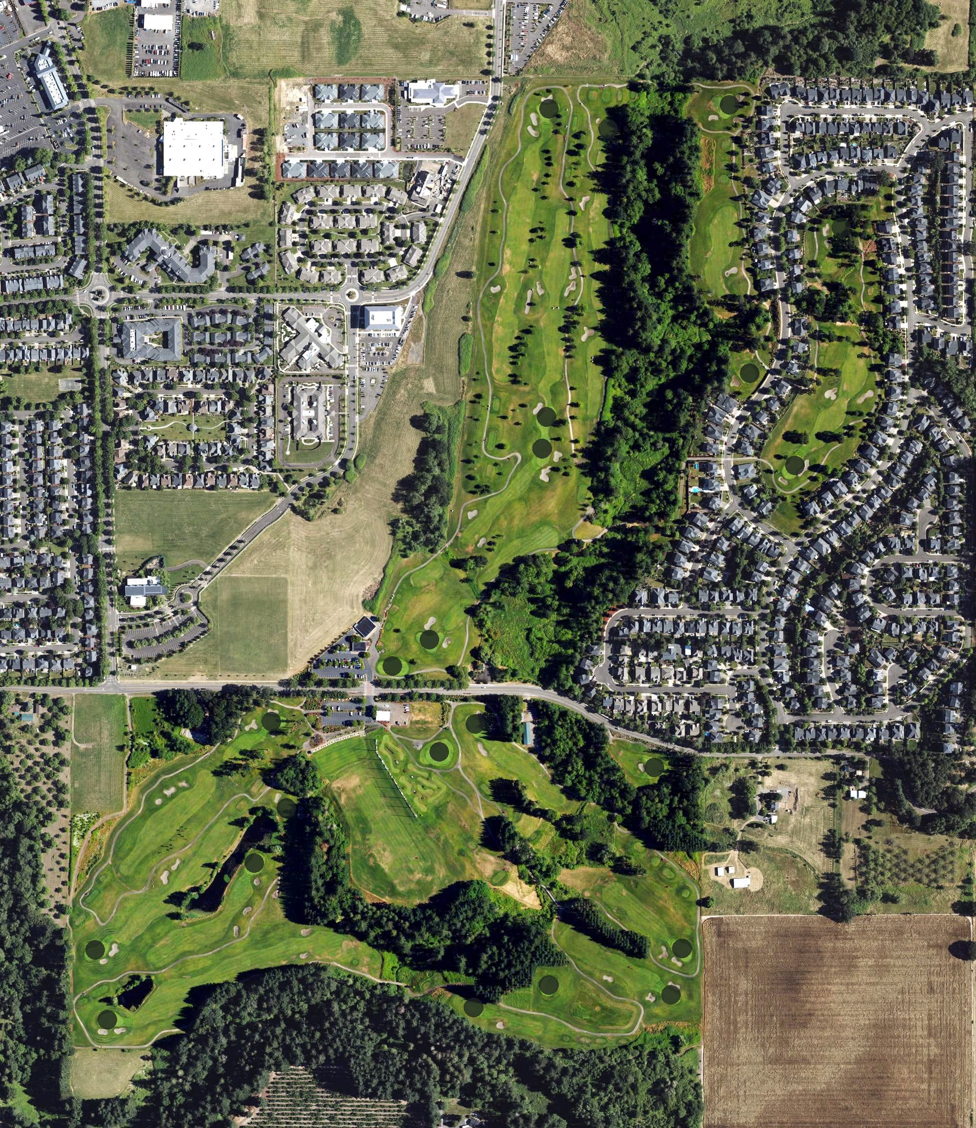 Aerial view of Chehalem Glenn Golf Course, OR, with its hole routing marked