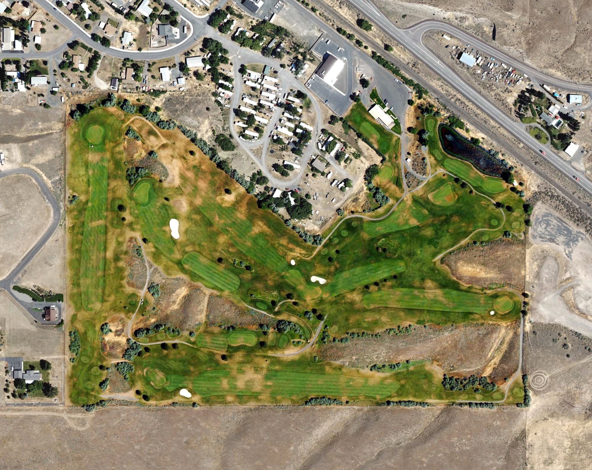 Aerial view of China Creek Golf Course, OR, with its hole routing marked