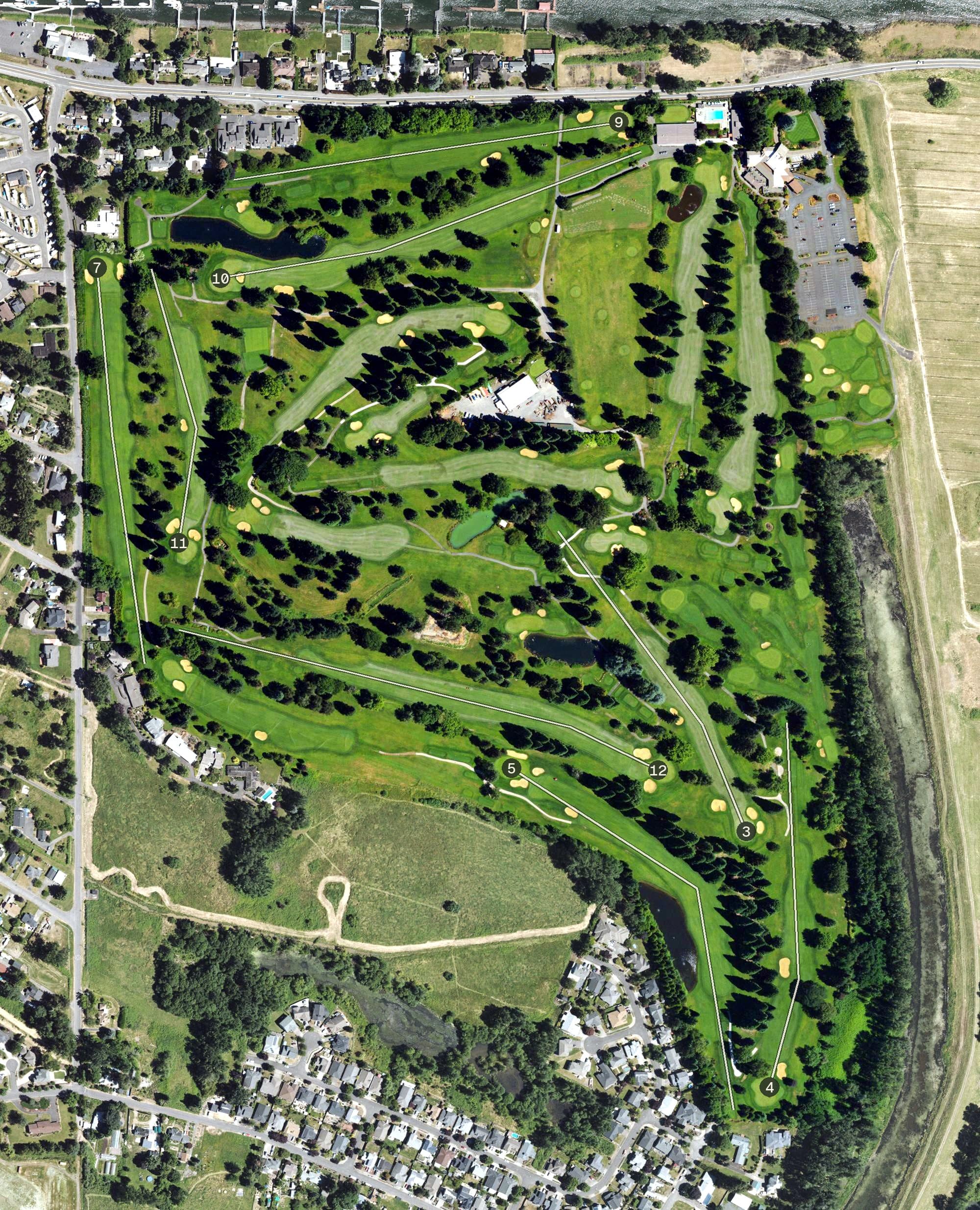 Aerial view of Columbia Edgewater Country Club, OR, with its hole routing marked