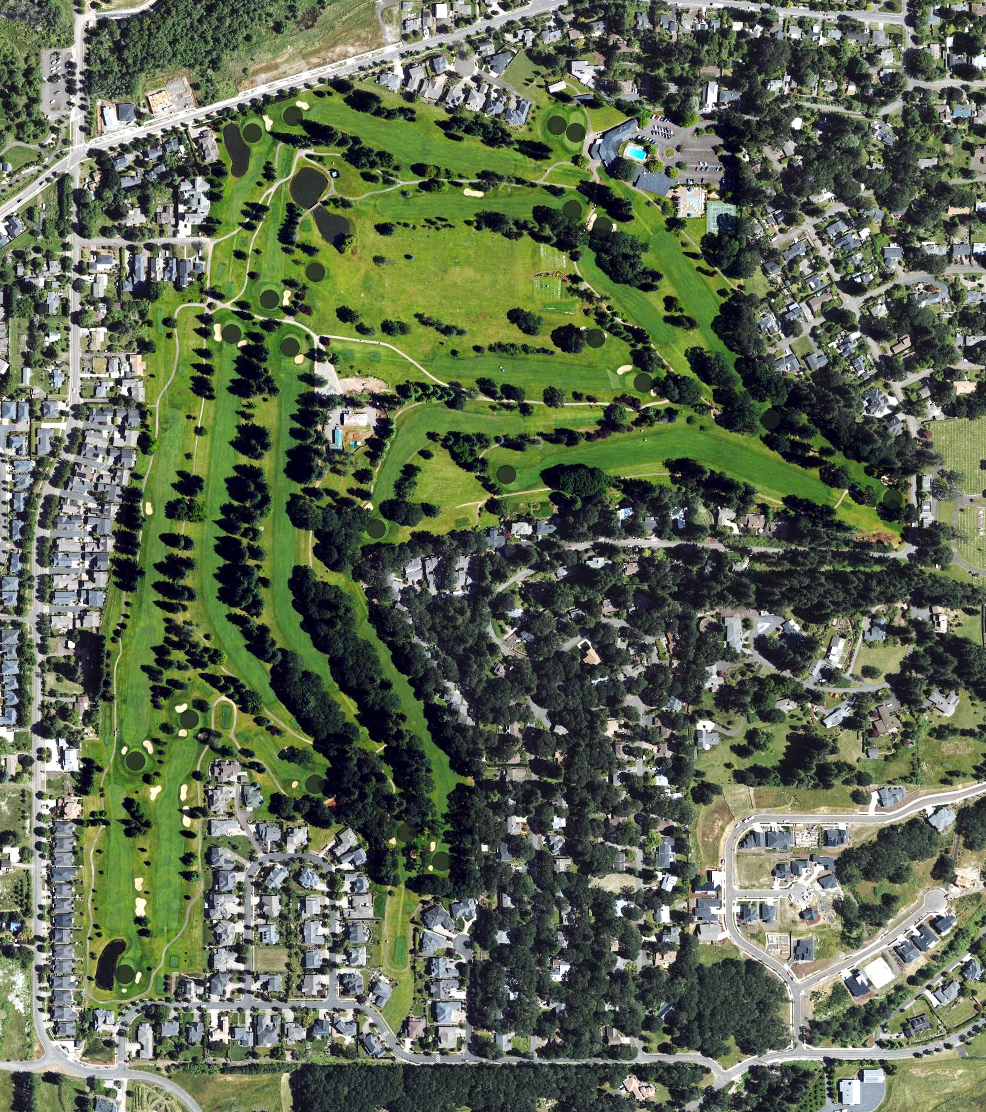 Aerial view of Corvallis Country Club, OR, with its hole routing marked