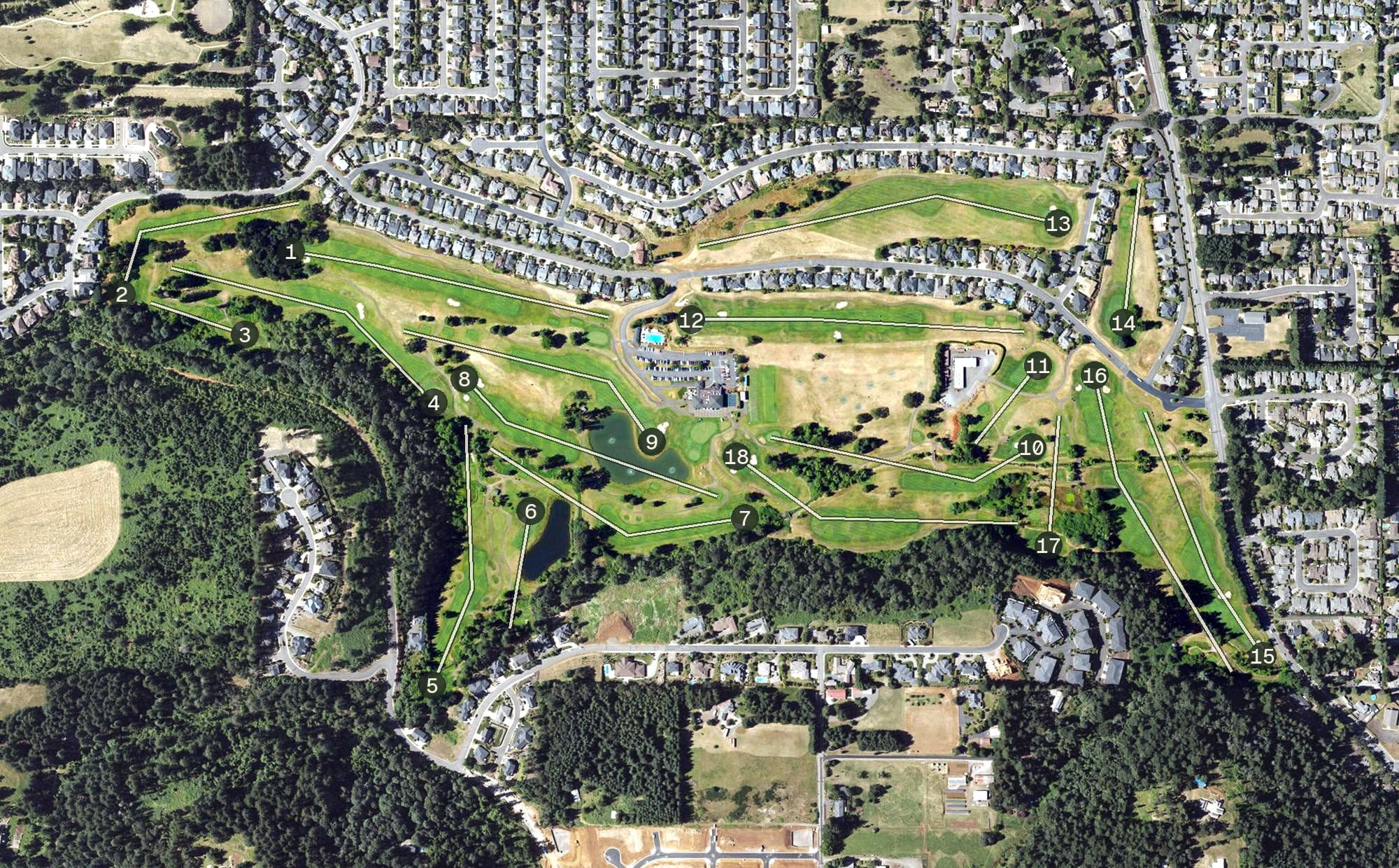 Aerial view of Creekside Golf Club, OR, with its hole routing marked