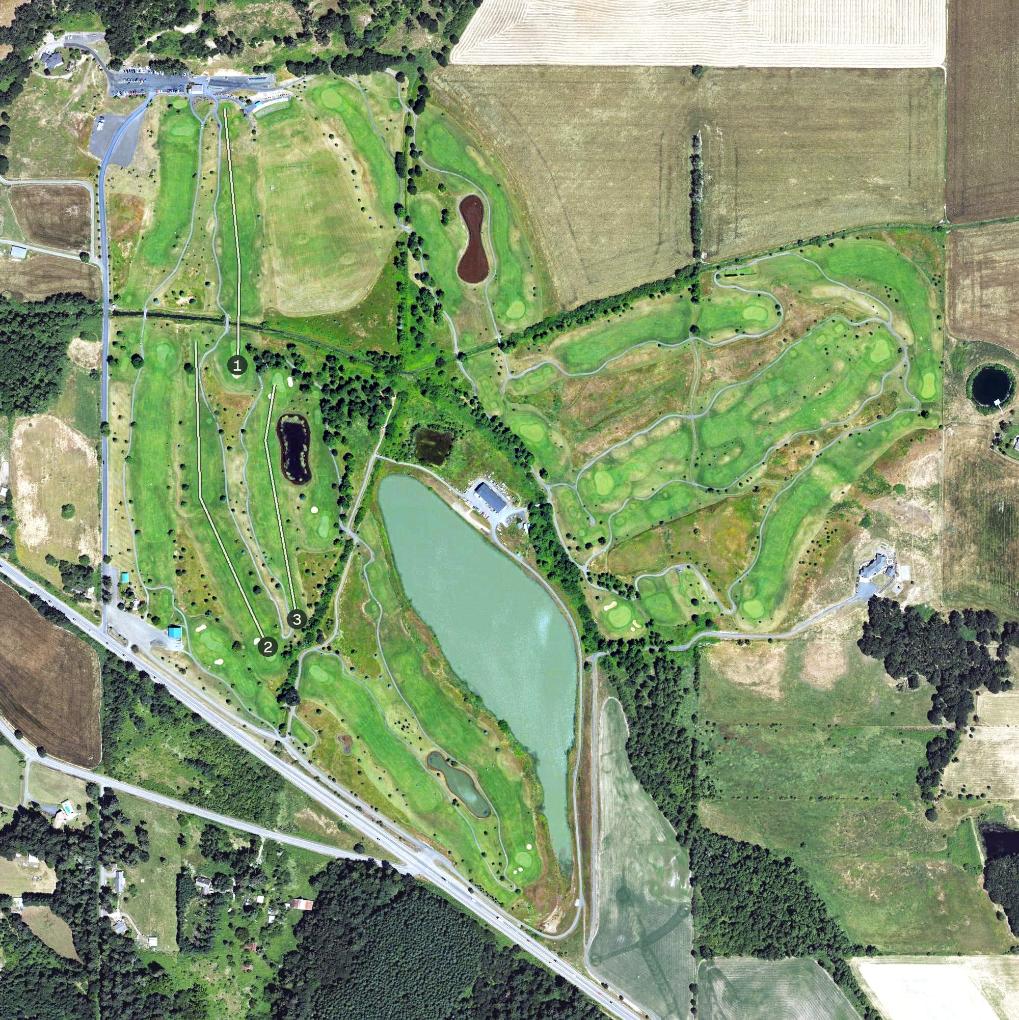 Aerial view of Cross Creek Golf Course, OR, with its hole routing marked