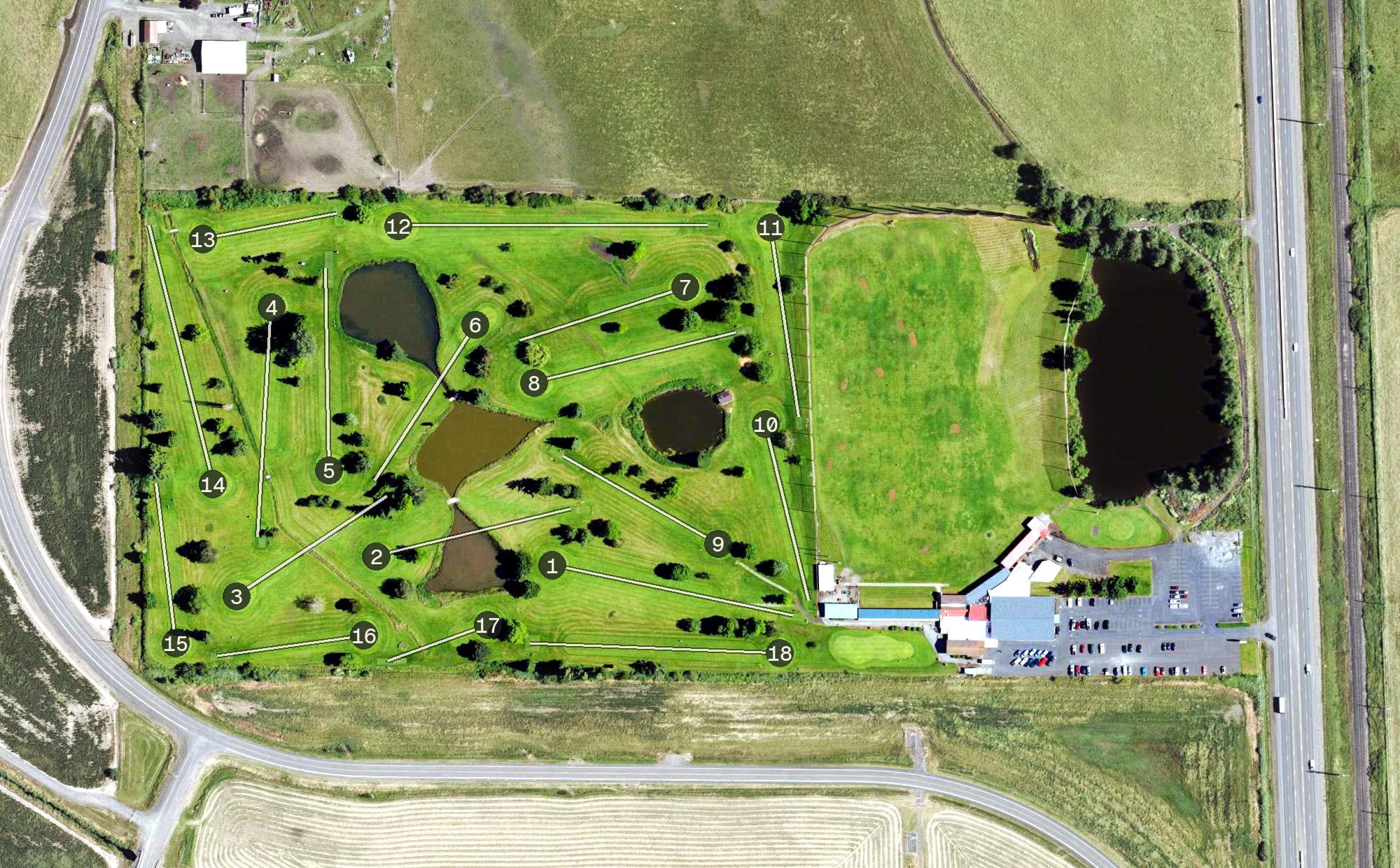 Aerial view of Fiddler's Green Golf Center, OR, with its hole routing marked