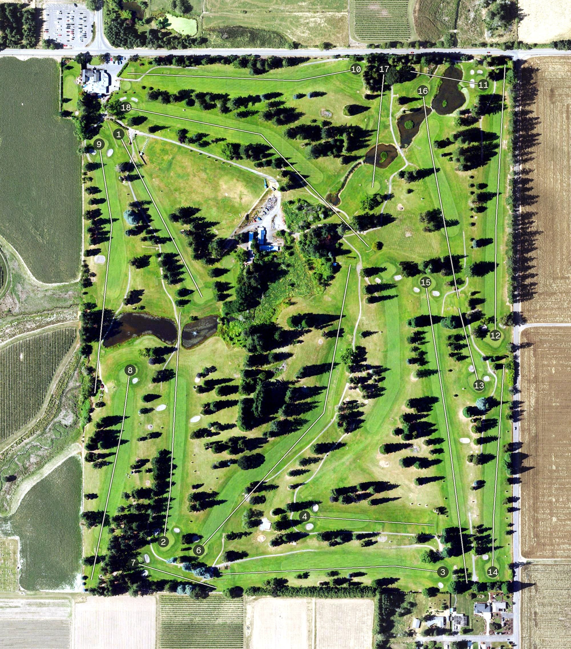 Aerial view of Forest Hills Golf Course, OR, with its hole routing marked