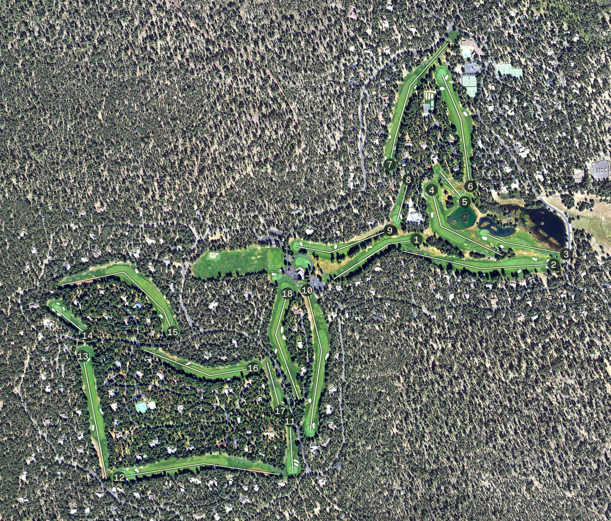 Aerial view of Glaze Meadow Golf Course, OR, with its hole routing marked