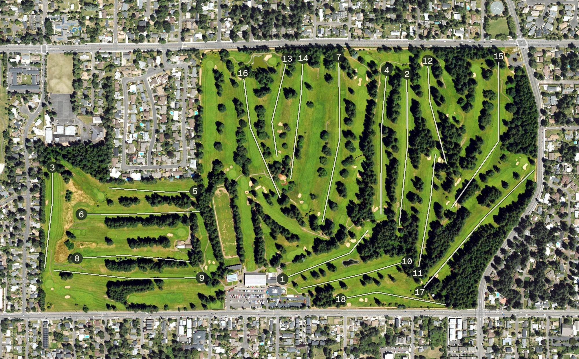 Aerial view of Glendoveer Golf Course, OR, with its hole routing marked