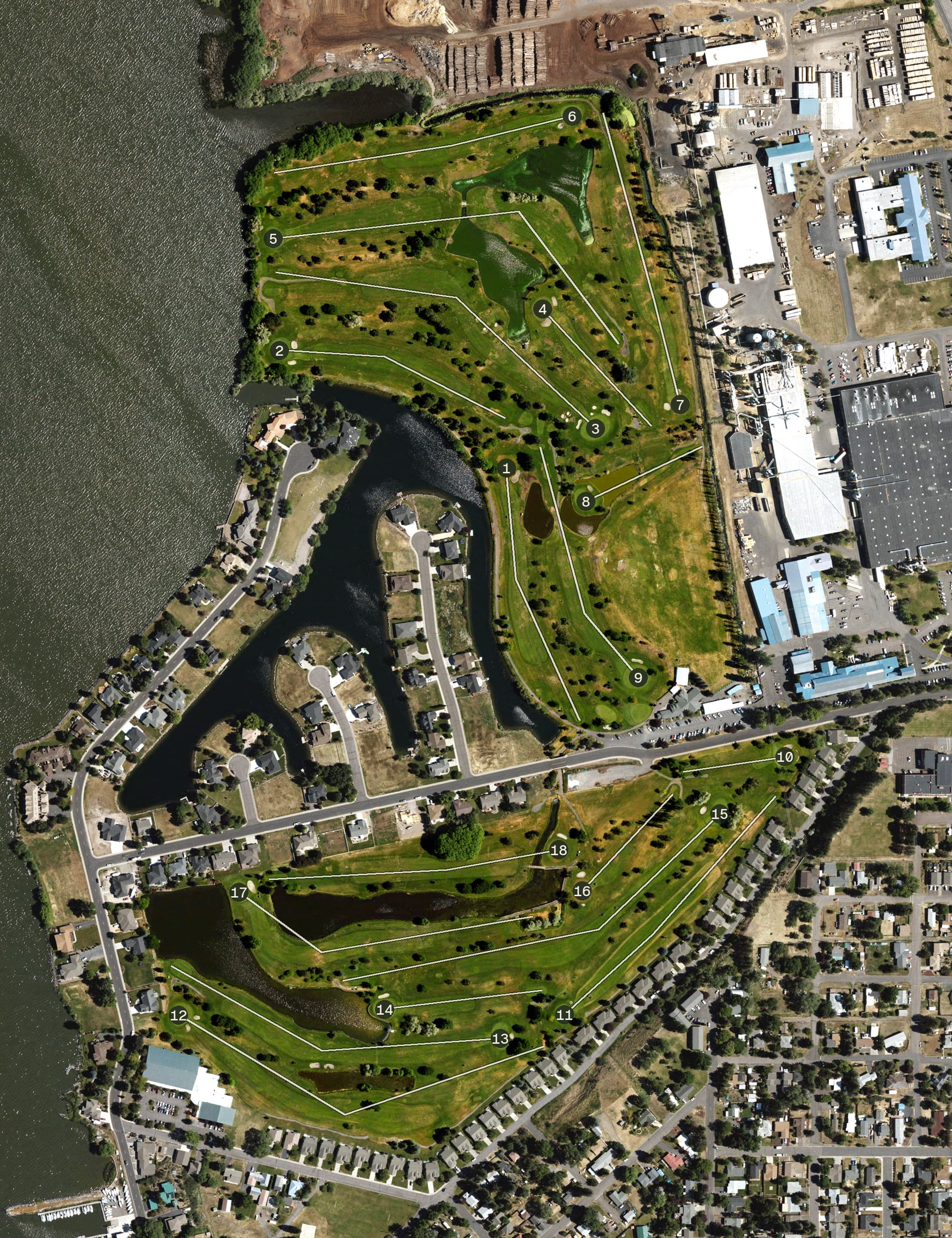 Aerial view of Harbor Links Golf Course, OR, with its hole routing marked