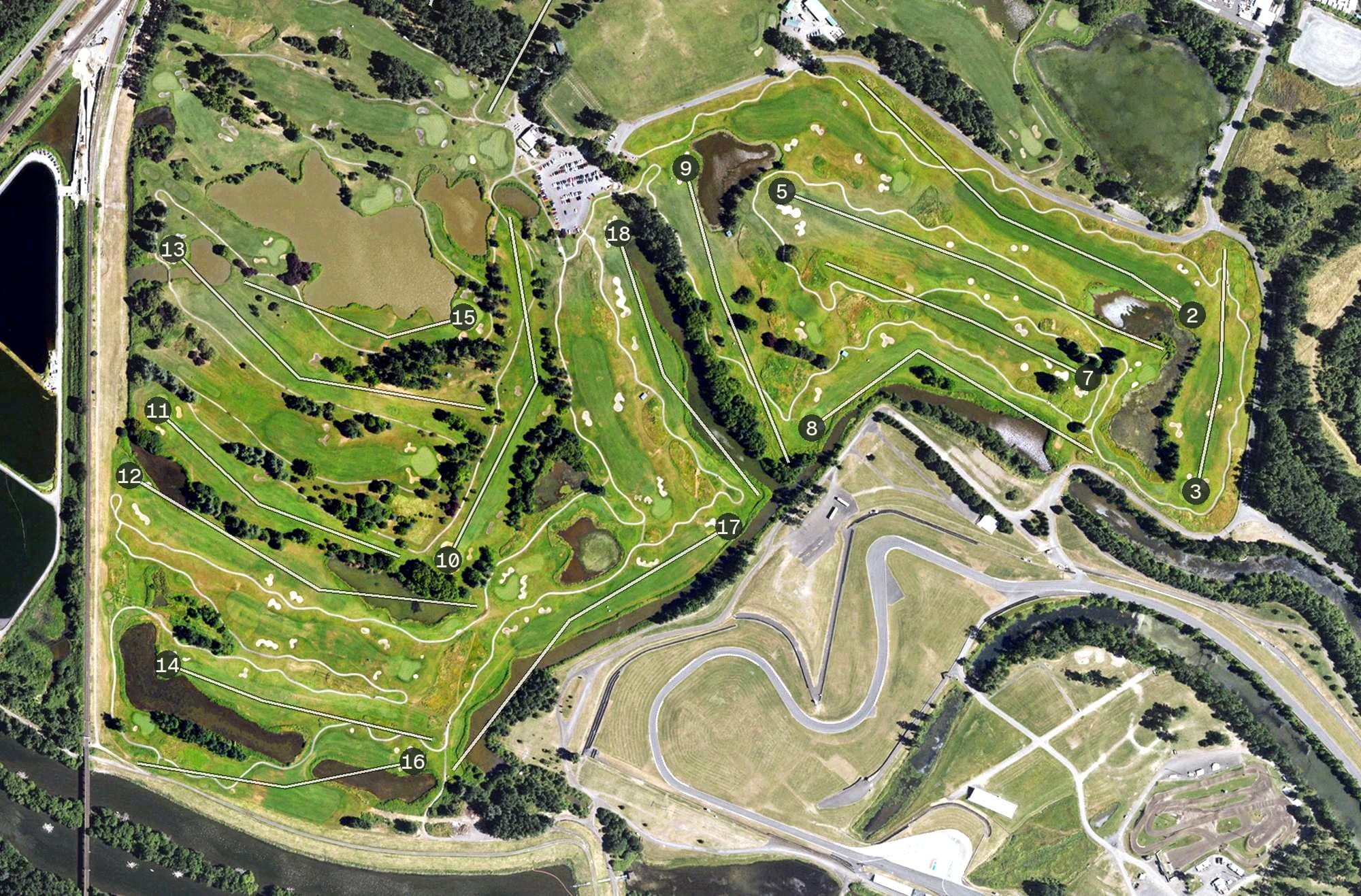 Aerial view of Heron Lakes Great Blue, OR, with its hole routing marked