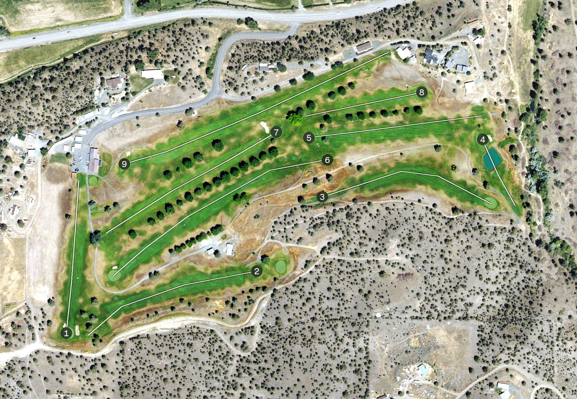 Aerial view of John Day Golf Club, OR, with its hole routing marked