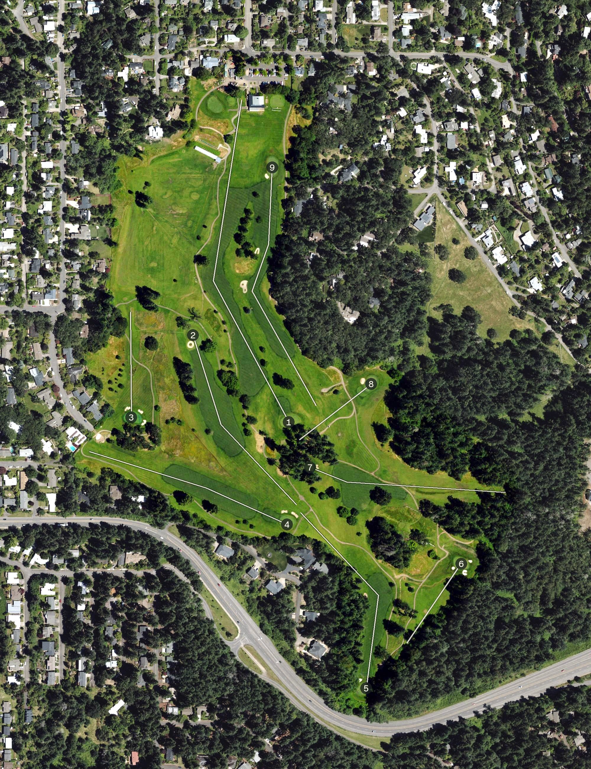Aerial view of Laurelwood Golf Course, OR, with its hole routing marked