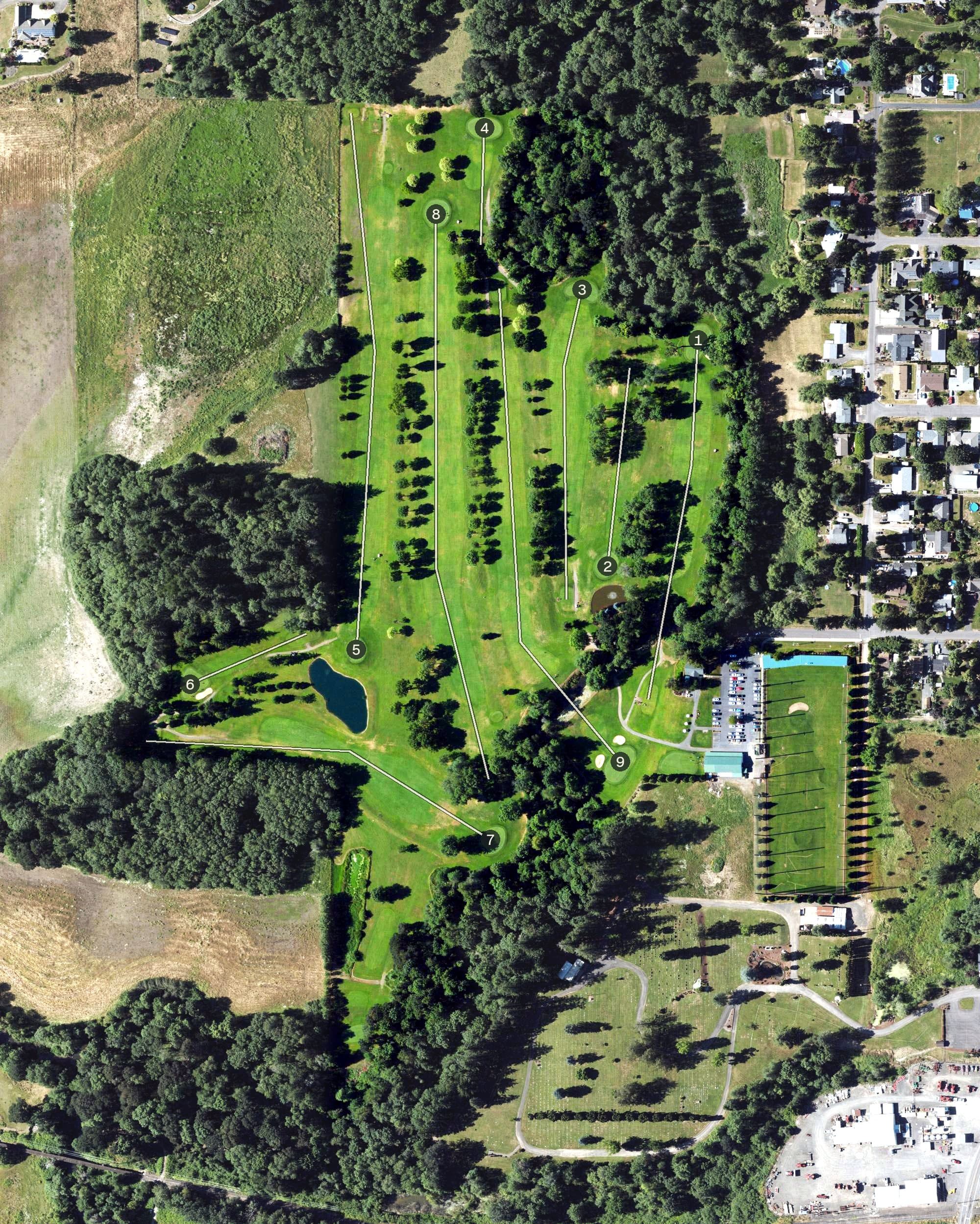 Aerial view of McKay Creek Golf Course, OR, with its hole routing marked