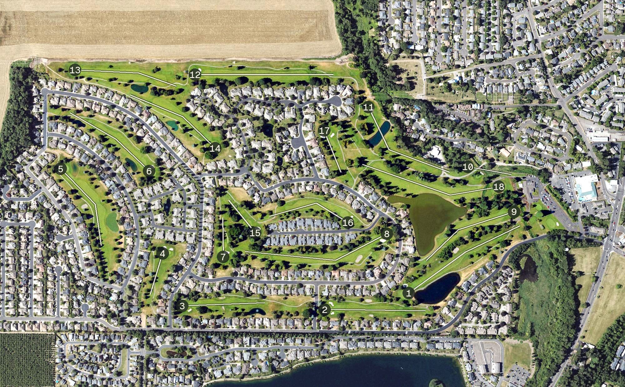 Aerial view of McNary Golf Club, OR, with its hole routing marked