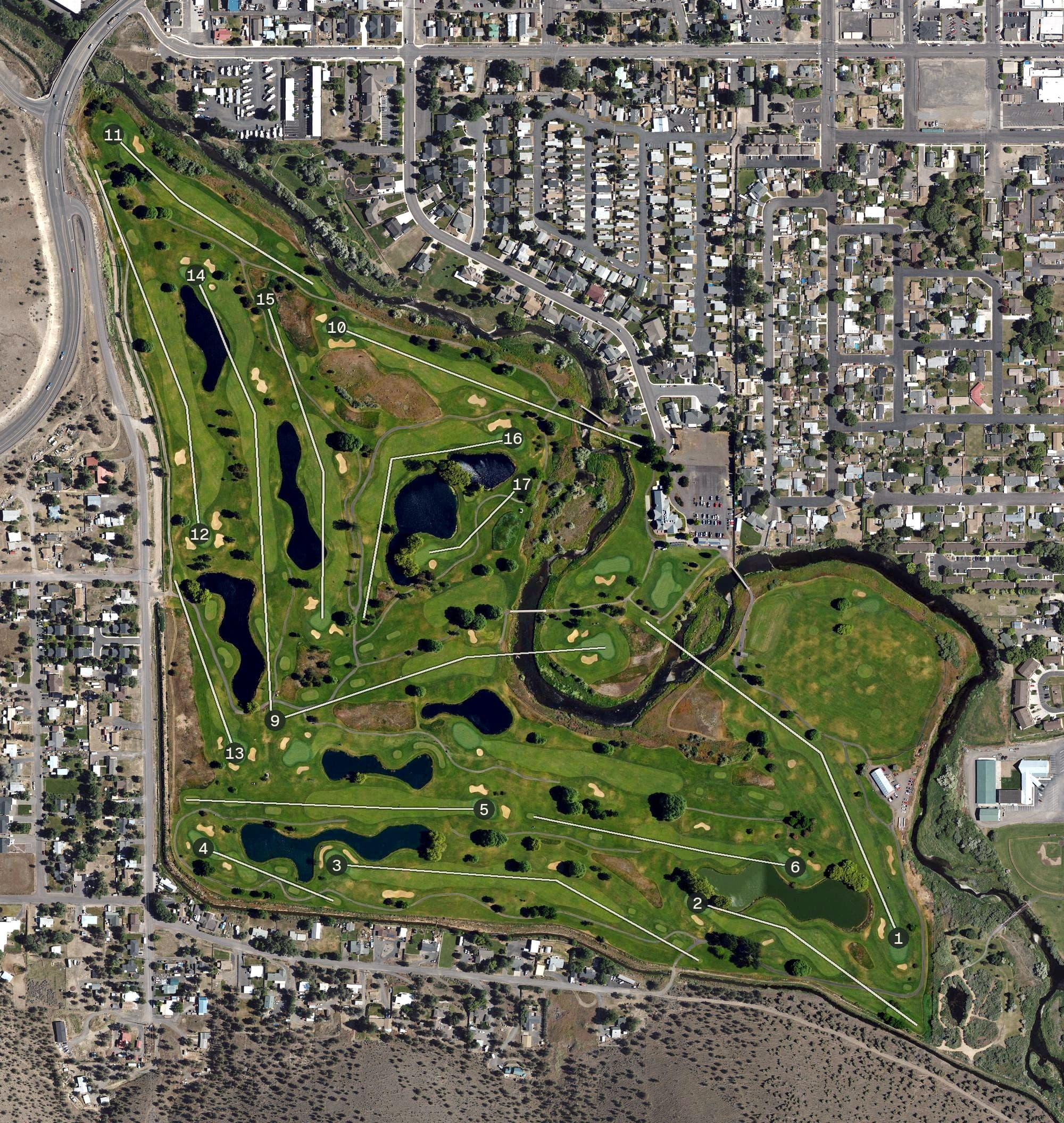 Aerial view of Meadow Lakes Golf Course, OR, with its hole routing marked