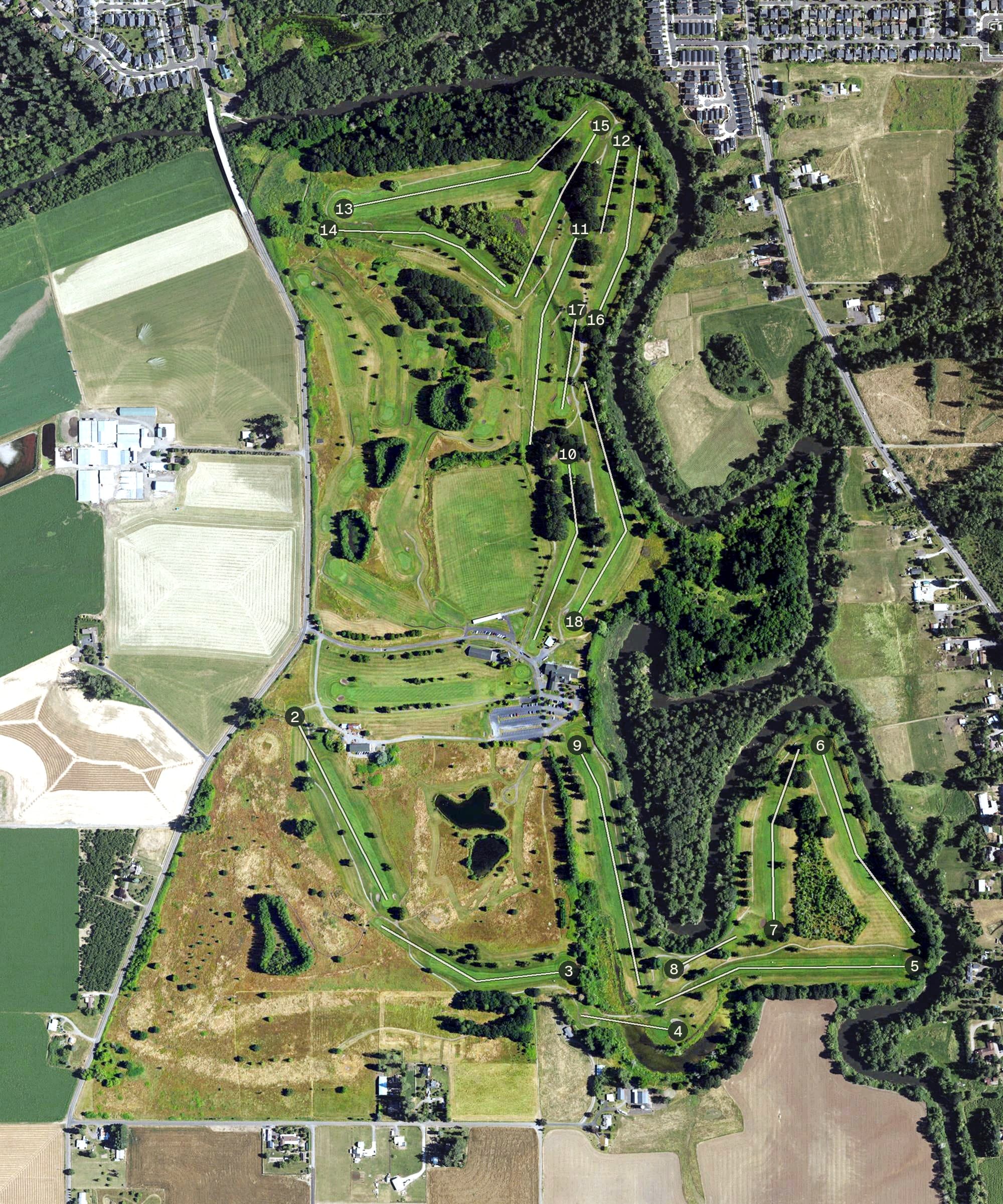 Aerial view of Meriwether National Golf Course, OR, with its hole routing marked