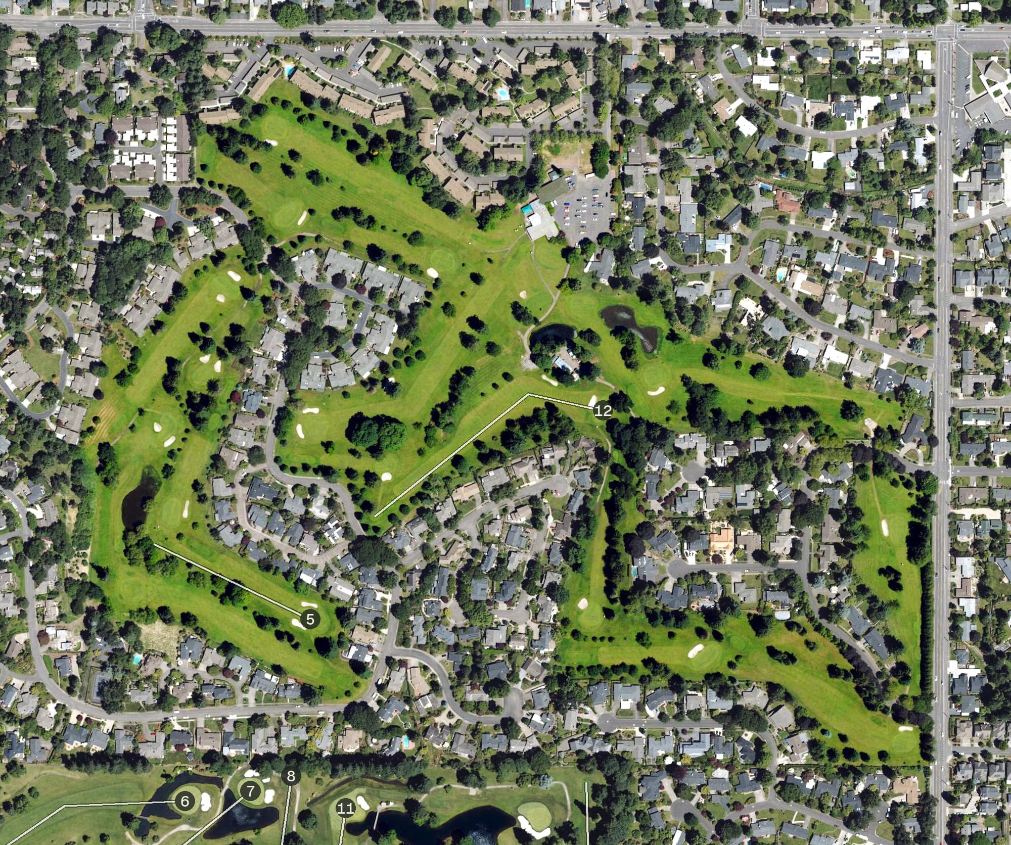 Aerial view of Oakway Golf Course, OR, with its hole routing marked
