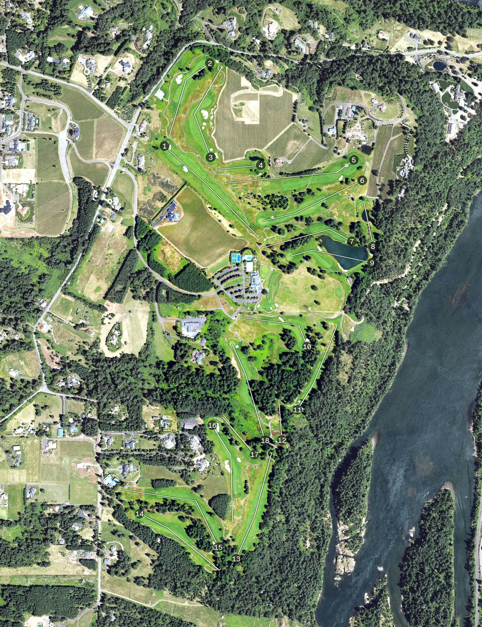 Aerial view of Oregon Golf Club, OR, with its hole routing marked