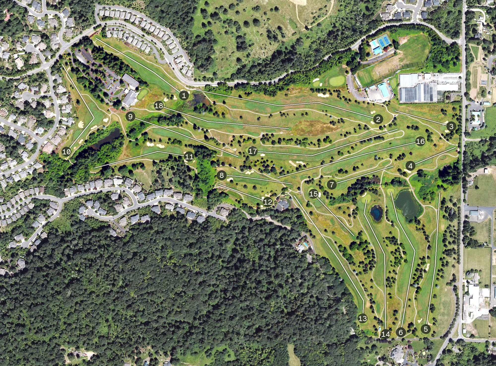 Aerial view of Persimmon Country Club, OR, with its hole routing marked