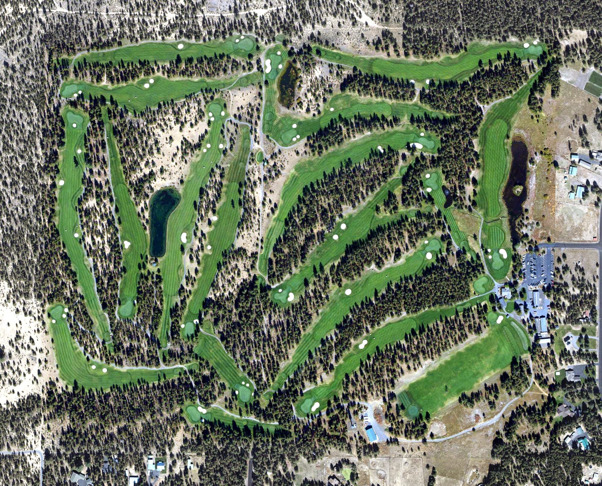 Aerial view of Quail Run Golf Course, OR, with its hole routing marked