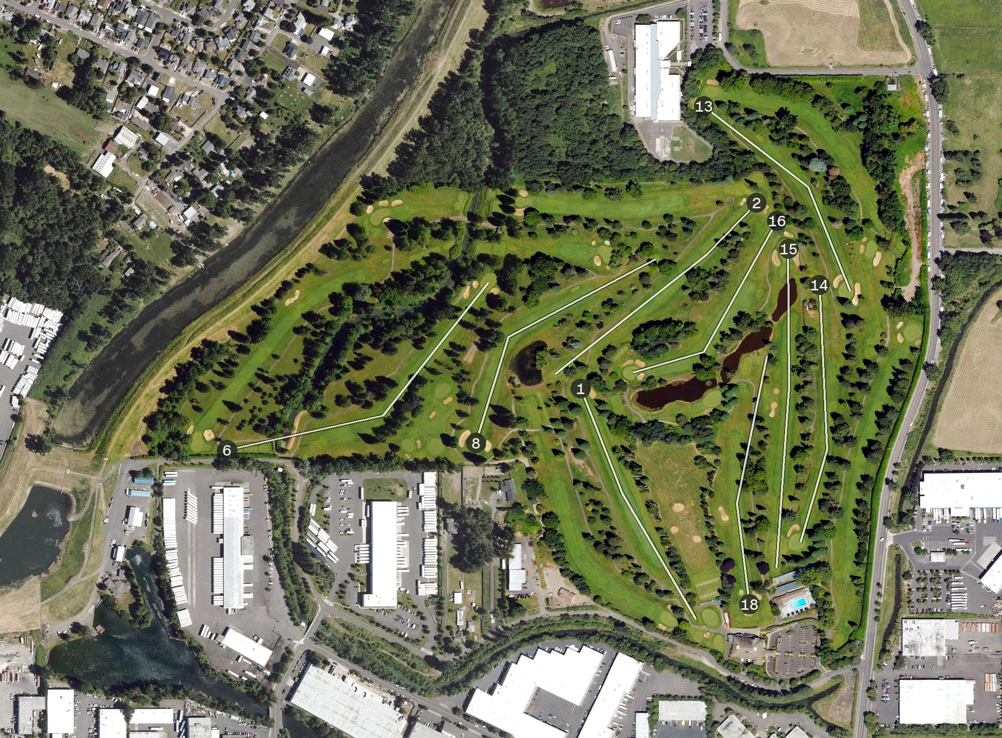 Aerial view of Riverside Golf and Country Club, OR, with its hole routing marked