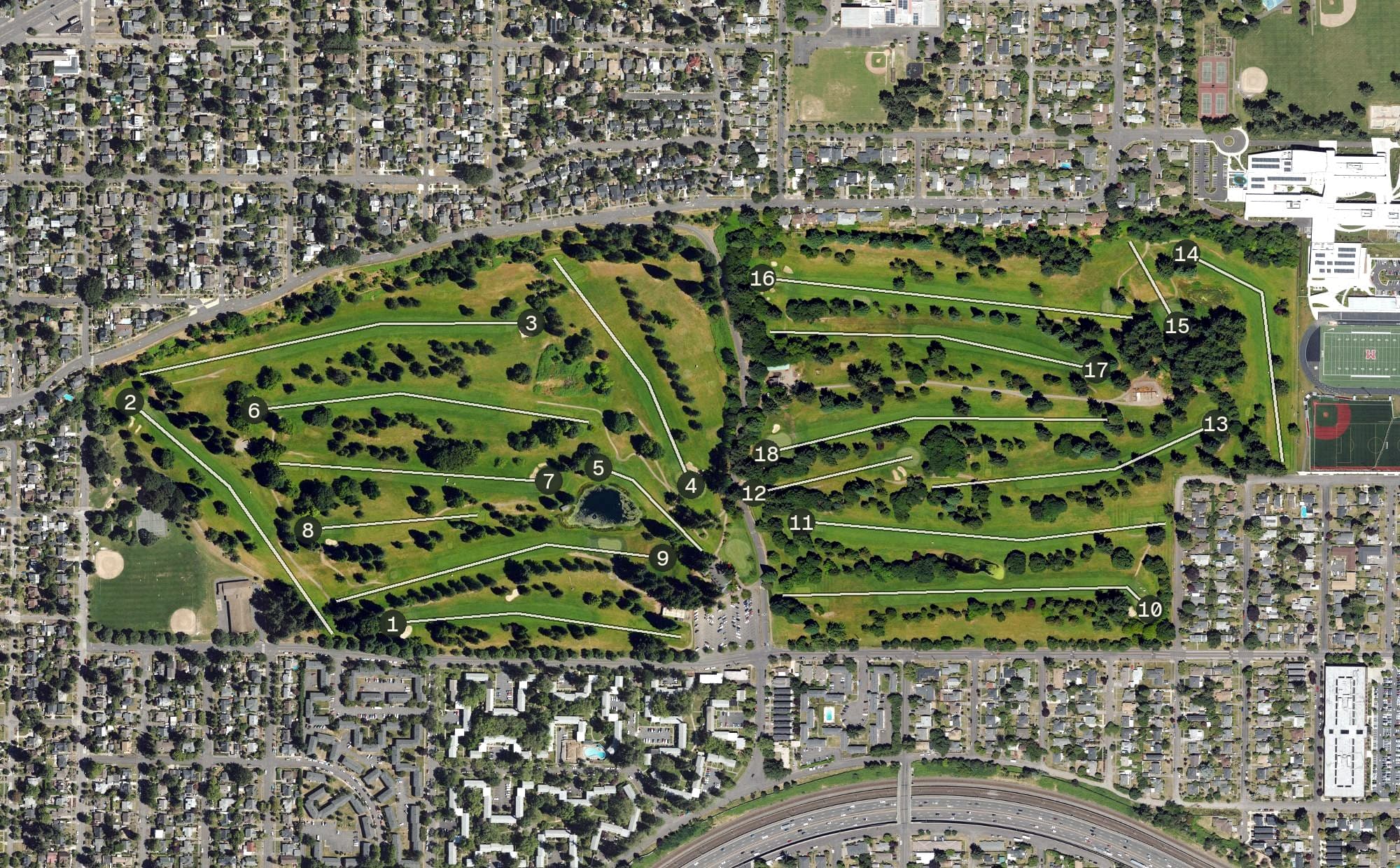Aerial view of Rose City Golf Course, OR, with its hole routing marked