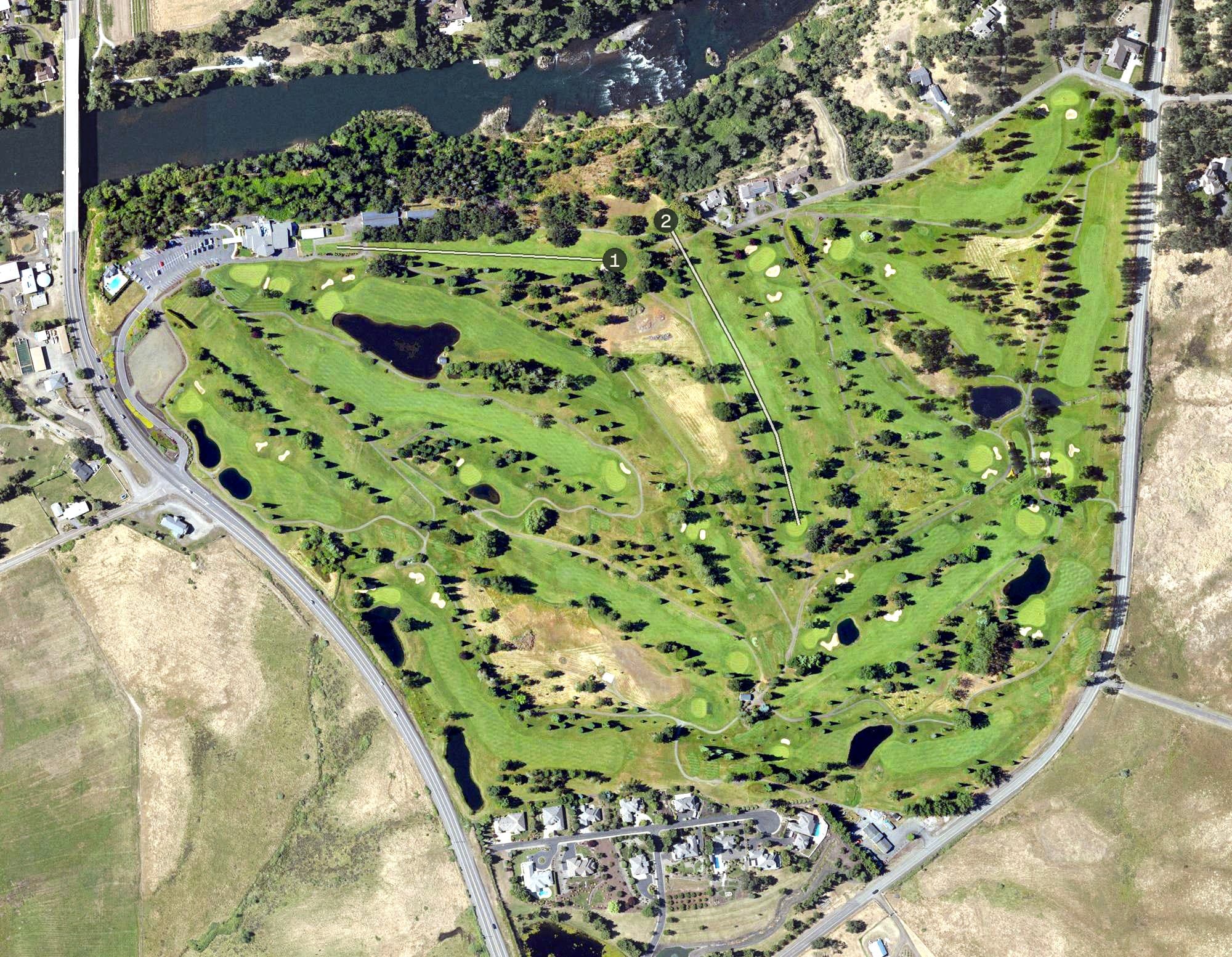 Aerial view of Roseburg Country Club, OR, with its hole routing marked