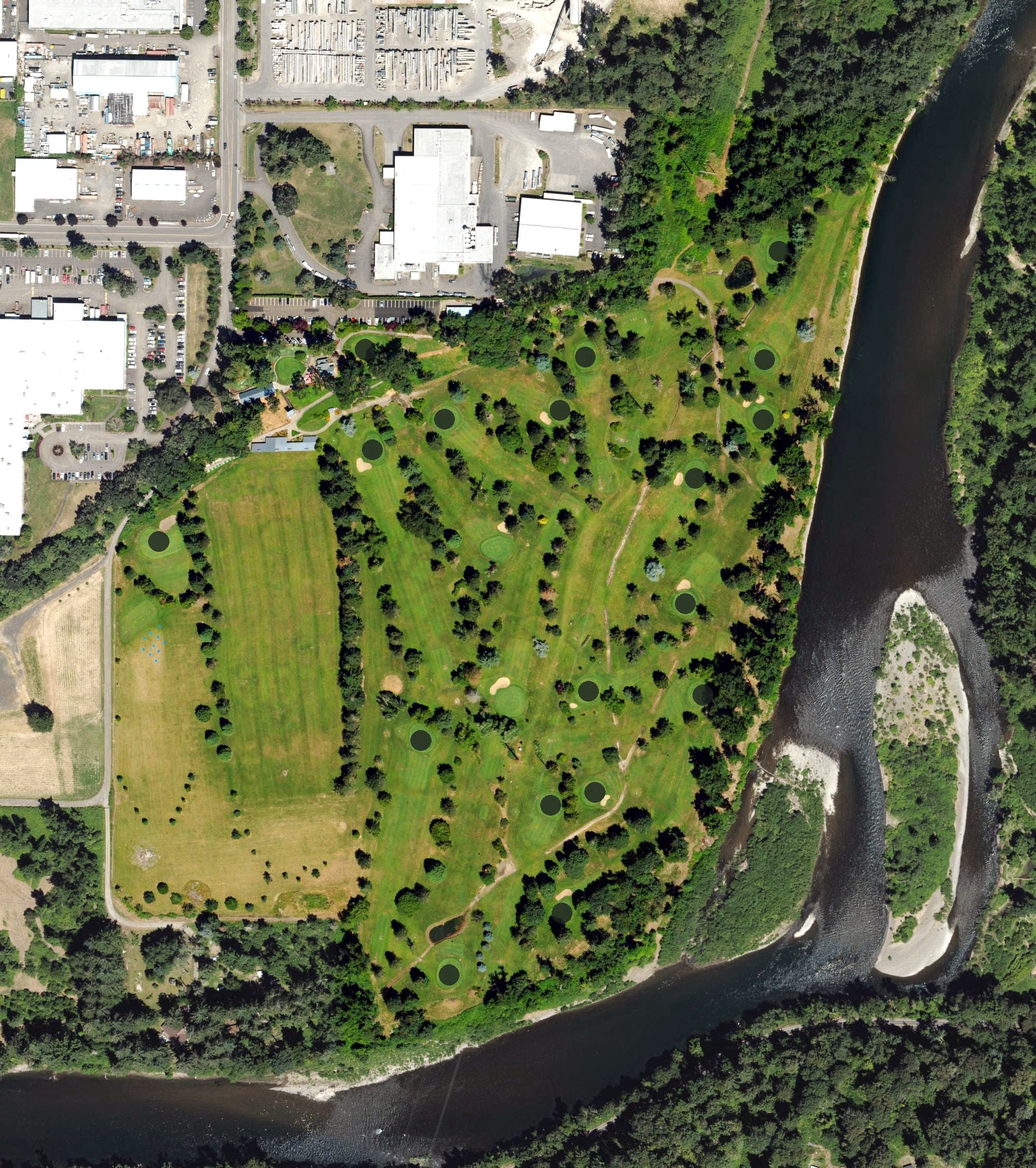 Aerial view of Sah-hah-lee Golf Course, OR, with its hole routing marked