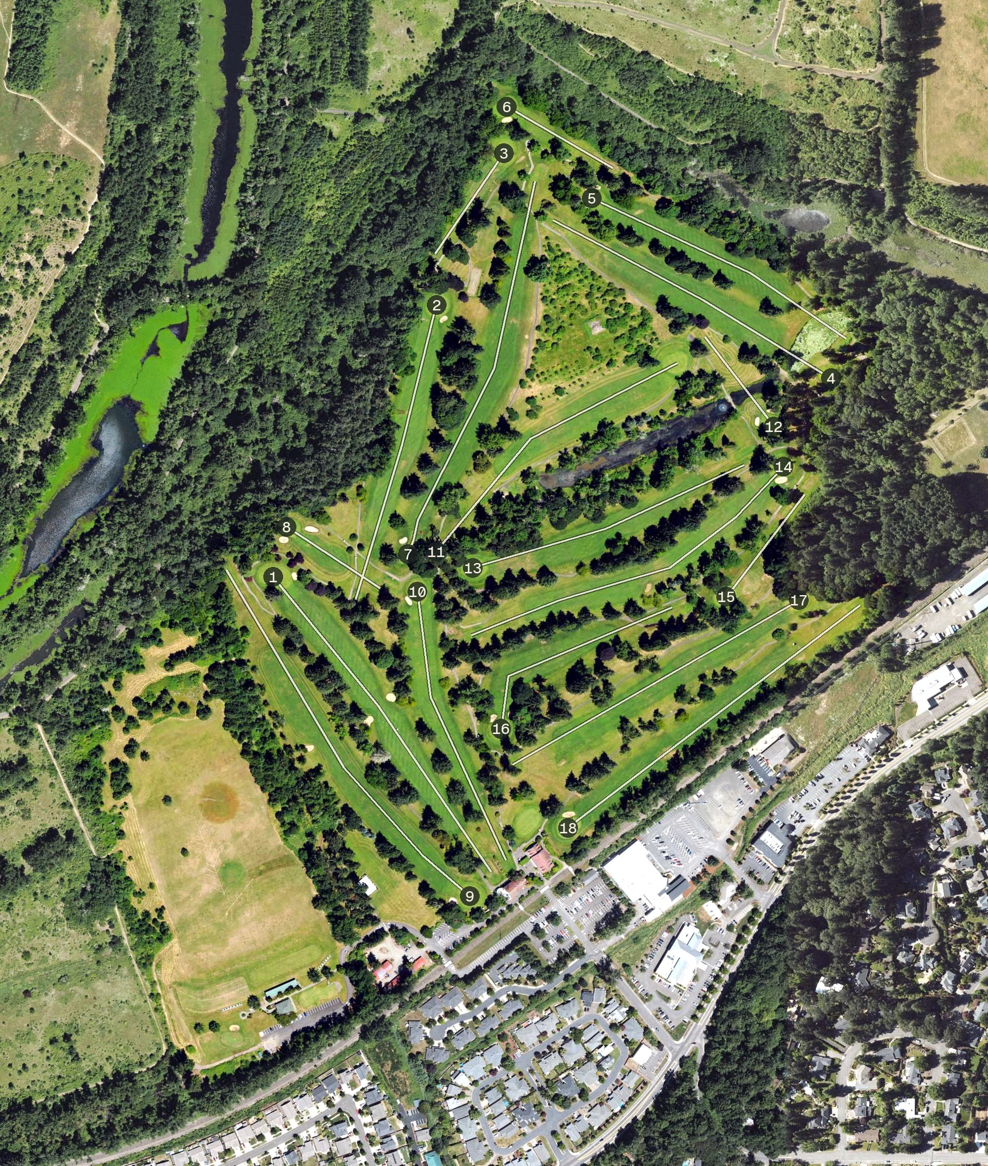 Aerial view of Salem Golf Club, OR, with its hole routing marked