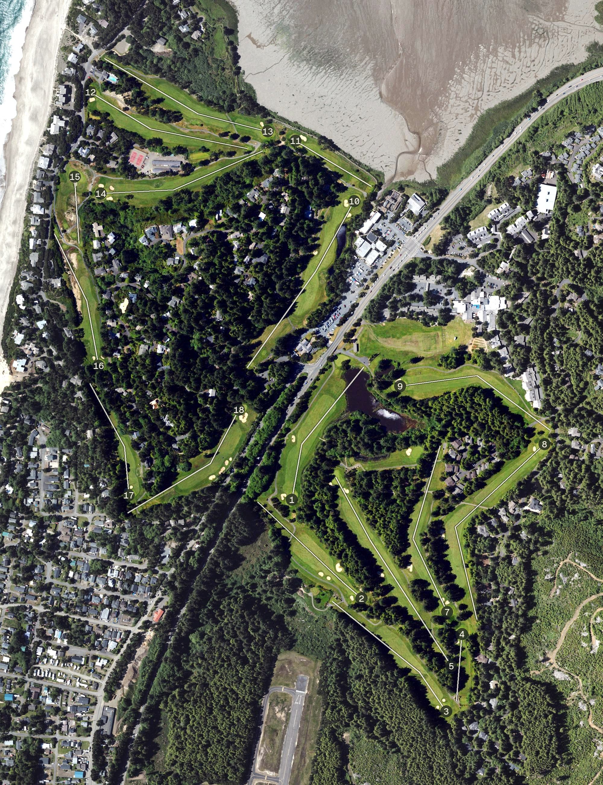 Aerial view of Salishan Golf Links, OR, with its hole routing marked